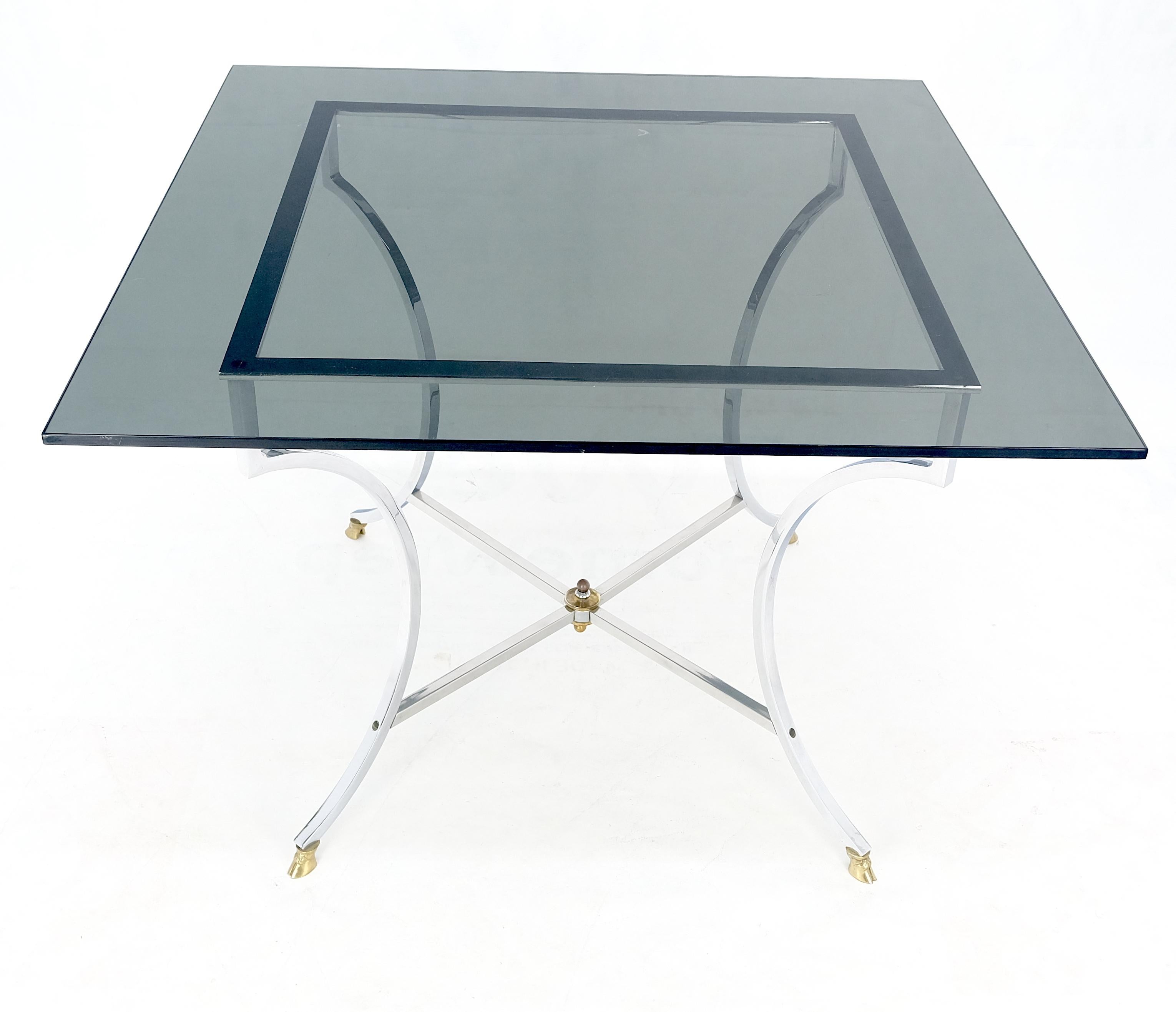 Italian Chrome & Brass Hoof Feet Base Smoked Glass Top Square Game Dinette Table Italy For Sale