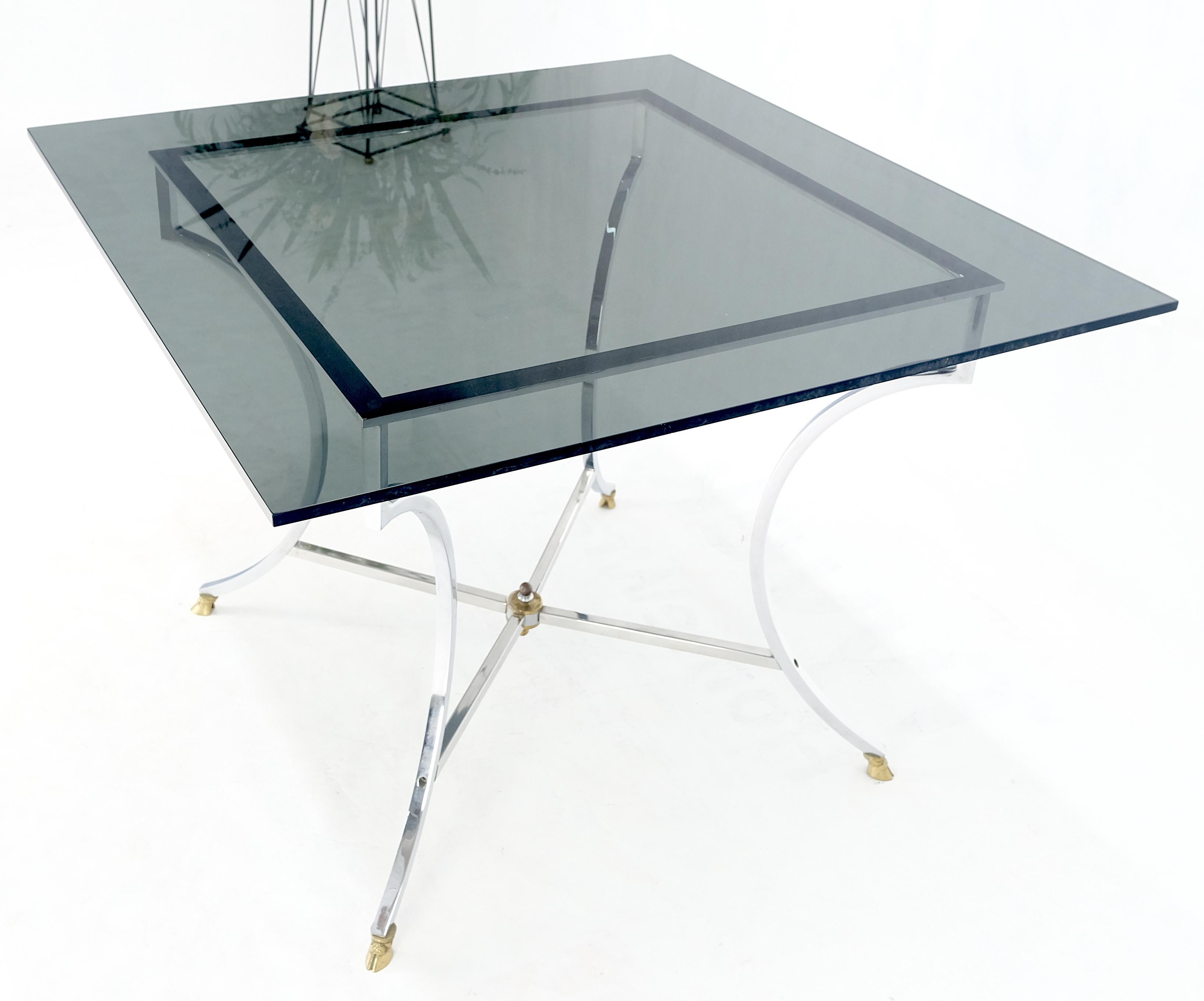 20th Century Chrome & Brass Hoof Feet Base Smoked Glass Top Square Game Dinette Table Italy For Sale