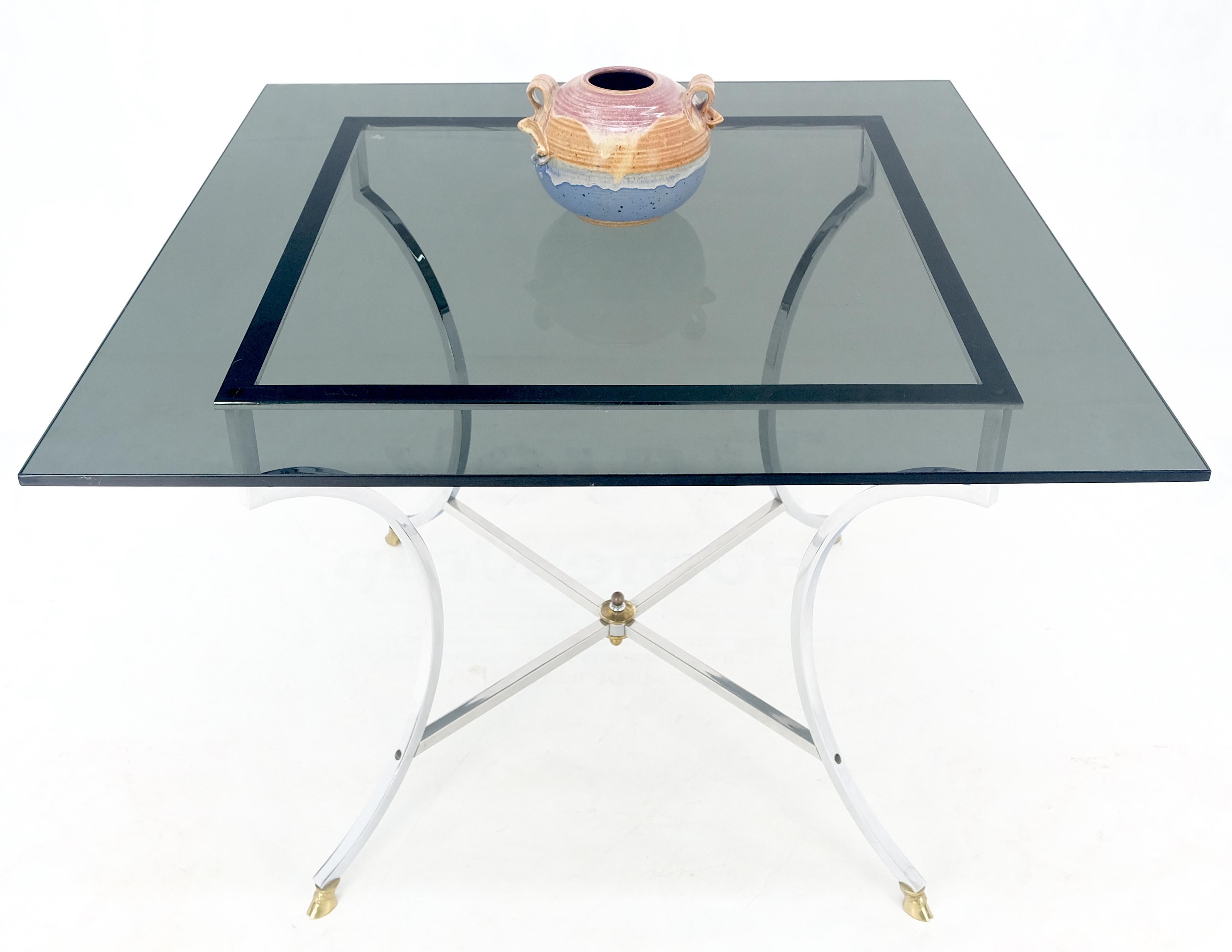 Chrome & Brass Hoof Feet Base Smoked Glass Top Square Game Dinette Table Italy For Sale 3