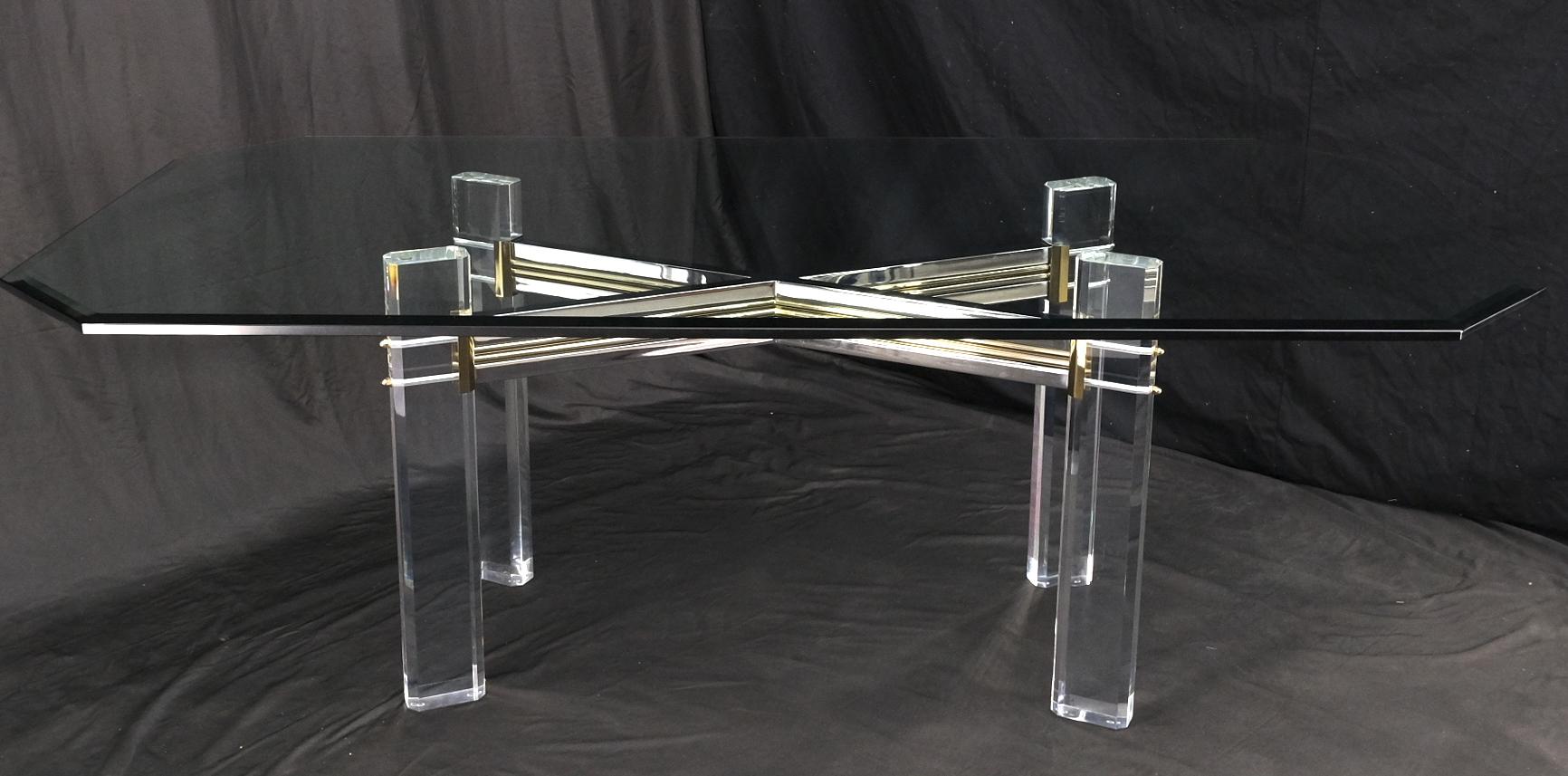 Chrome Brass & Lucite X Shape Base Beveled Glass Top Rectangle Dining Table Mint For Sale 7