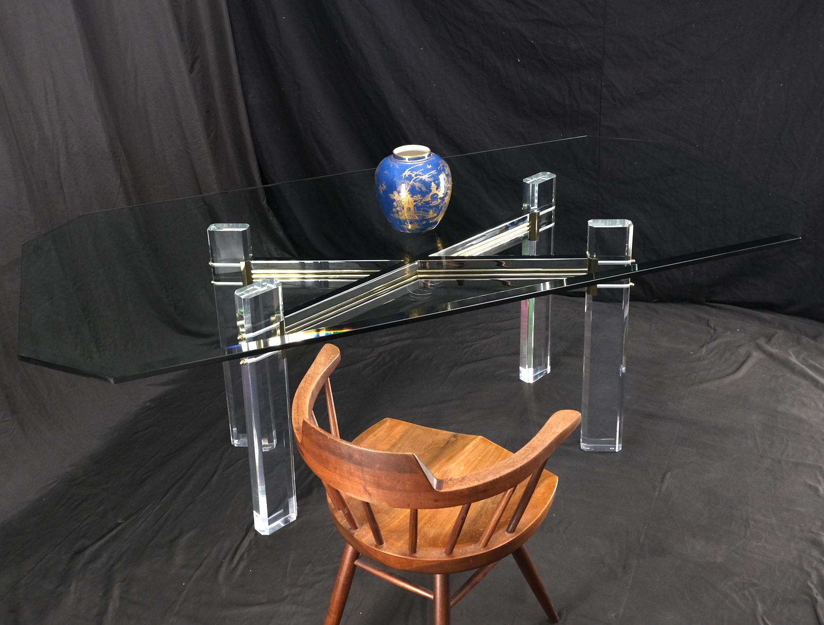 Mid-Century Modern Chrome Brass & Lucite X Shape Base Beveled Glass Top Rectangle Dining Table Mint For Sale