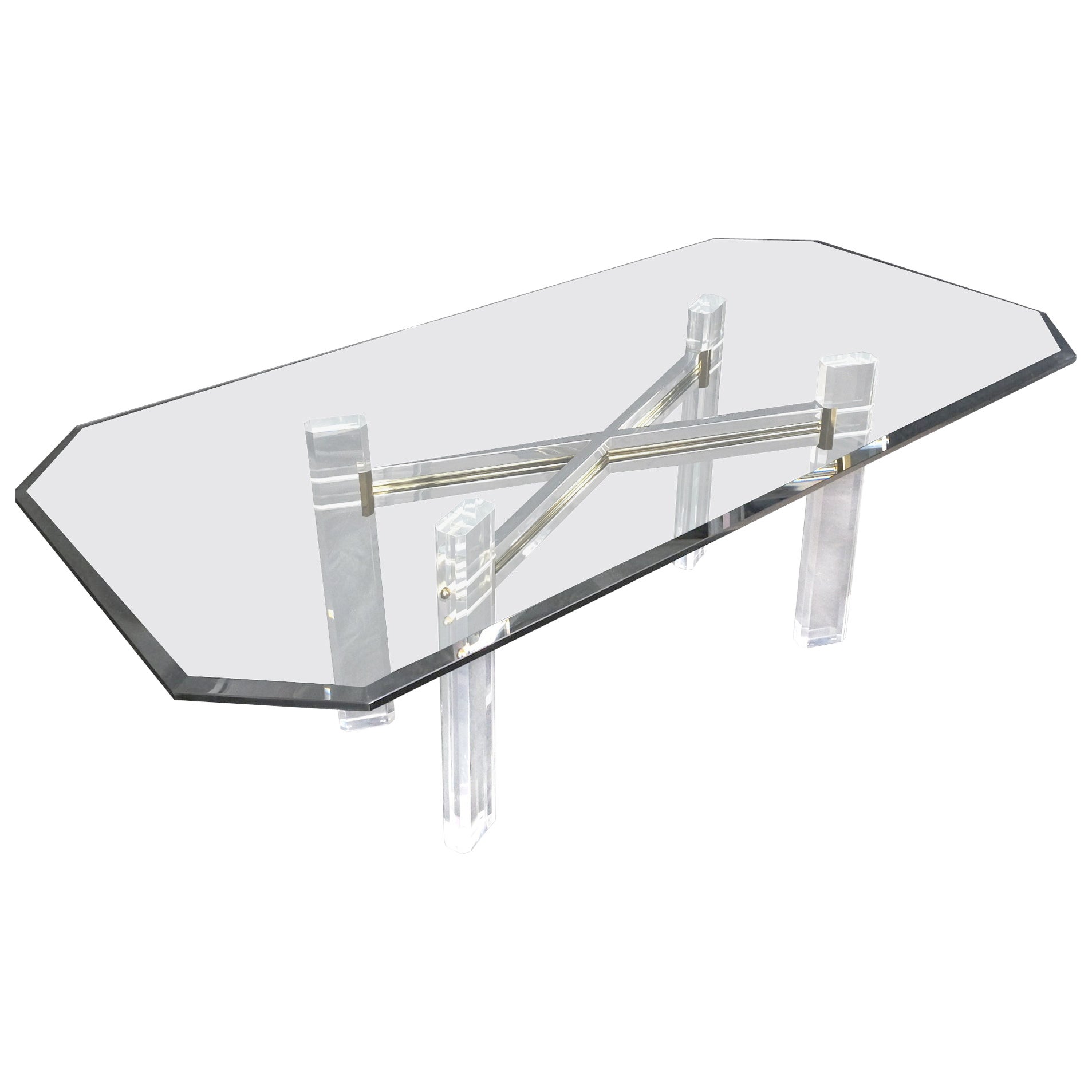 Latón Cromado y Lucite Base en Forma de X Tapa de Cristal Biselado Mesa de Comedor Rectangular Menta