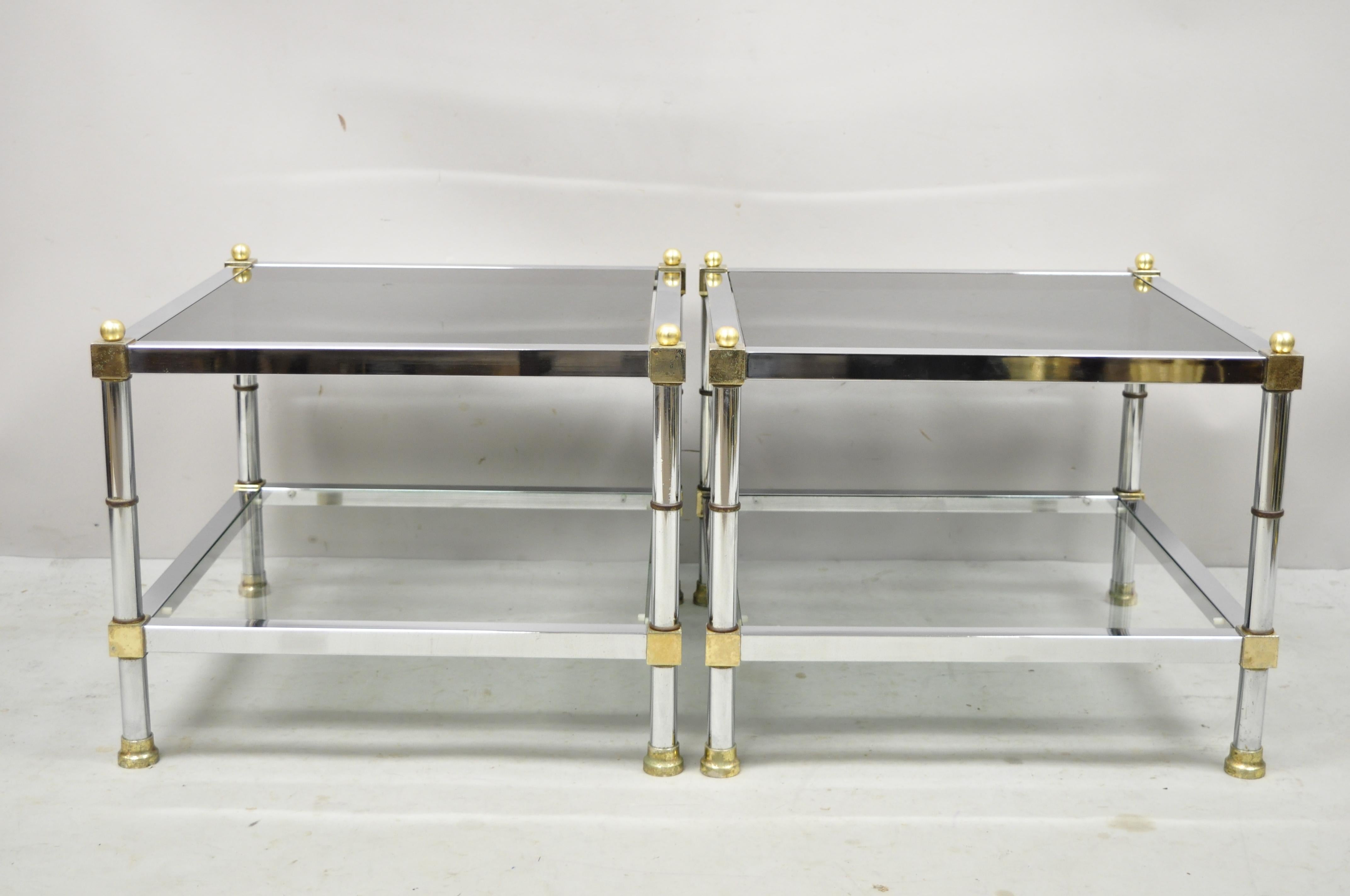 Chrome Brass Maison Jansen Style Hollywood Regency Square End Tables, a Pair 4