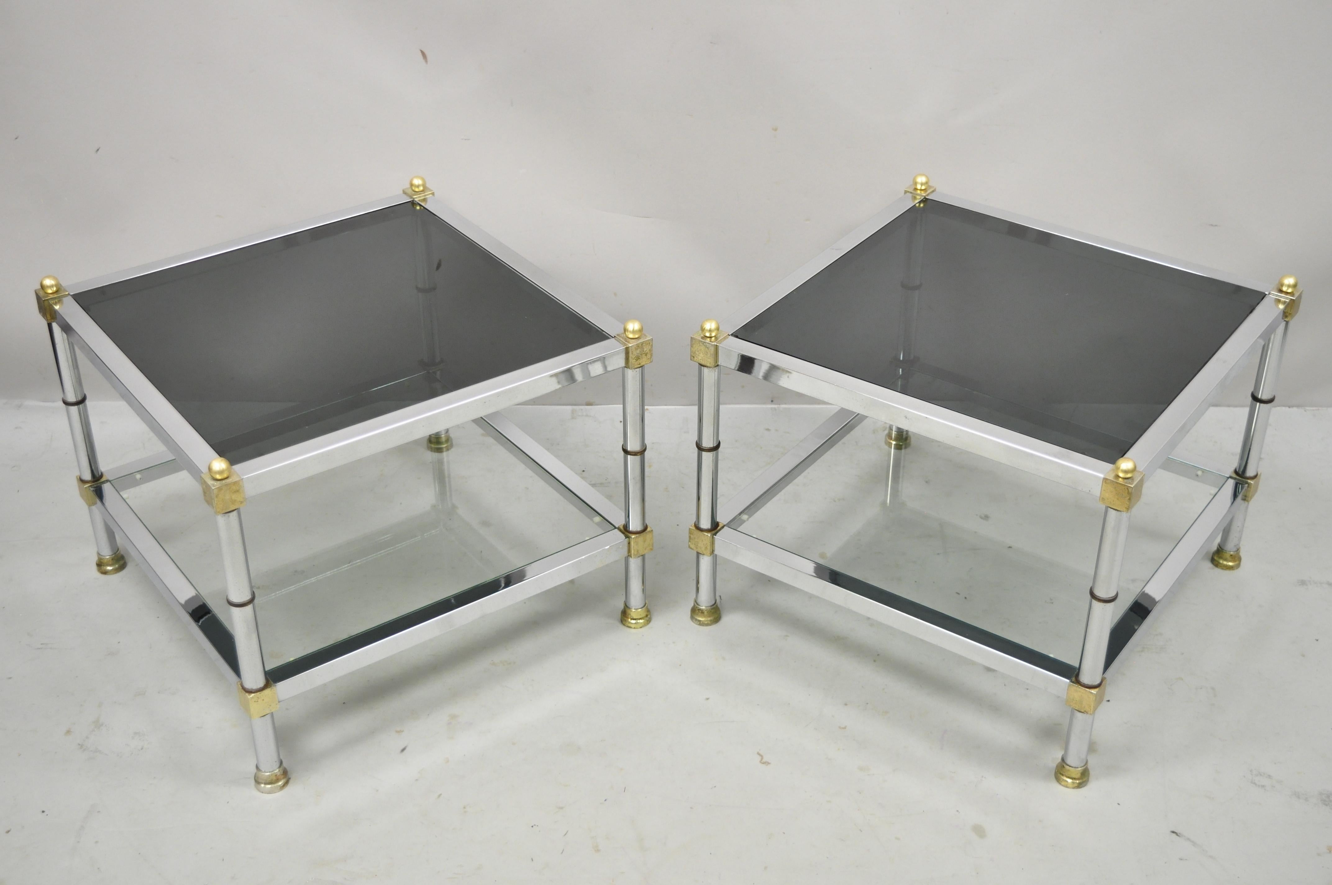Chrome Brass Maison Jansen Style Hollywood Regency Square End Tables, a Pair For Sale 6