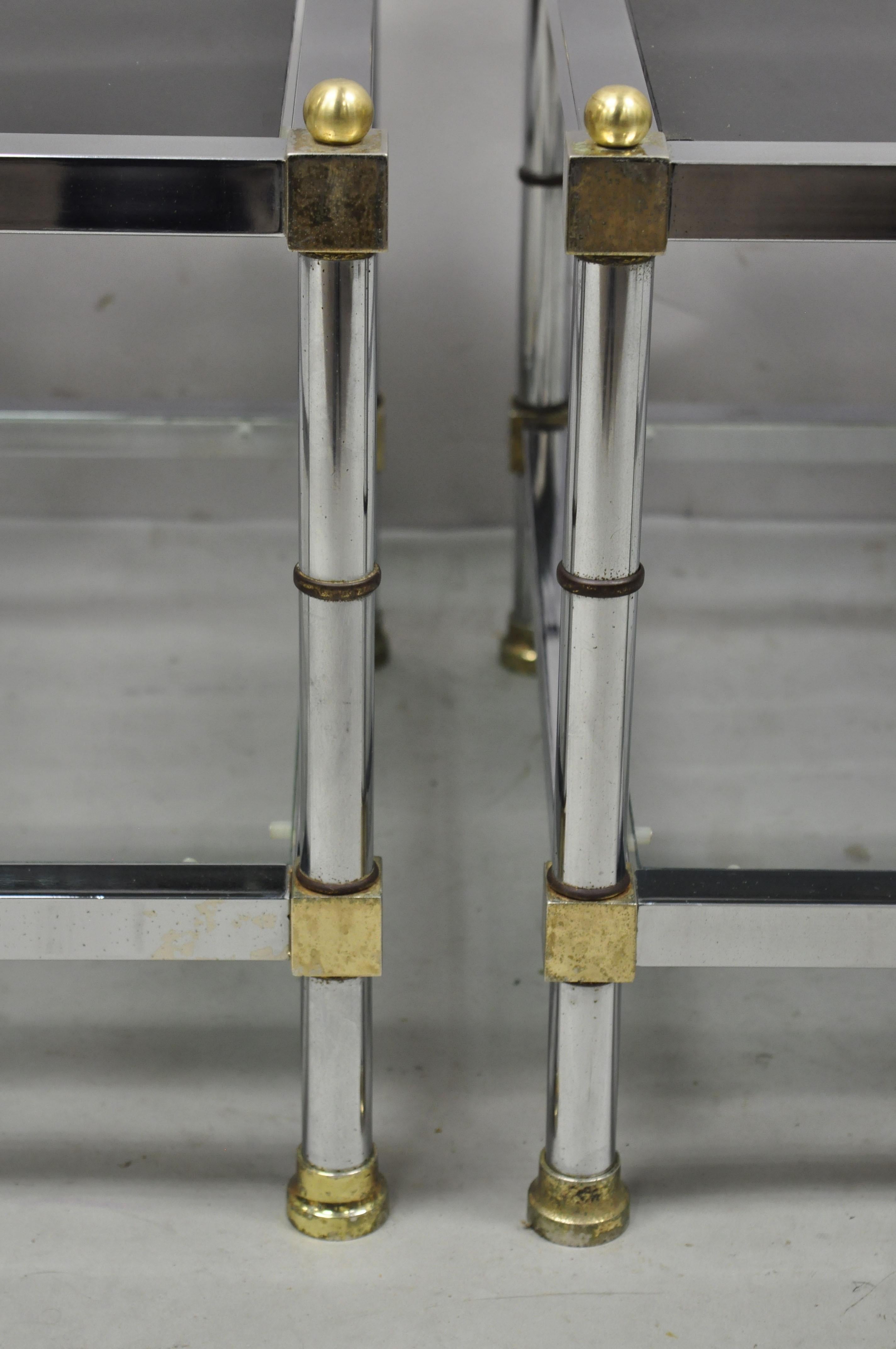 Chrome Brass Maison Jansen Style Hollywood Regency Square End Tables, a Pair In Good Condition In Philadelphia, PA