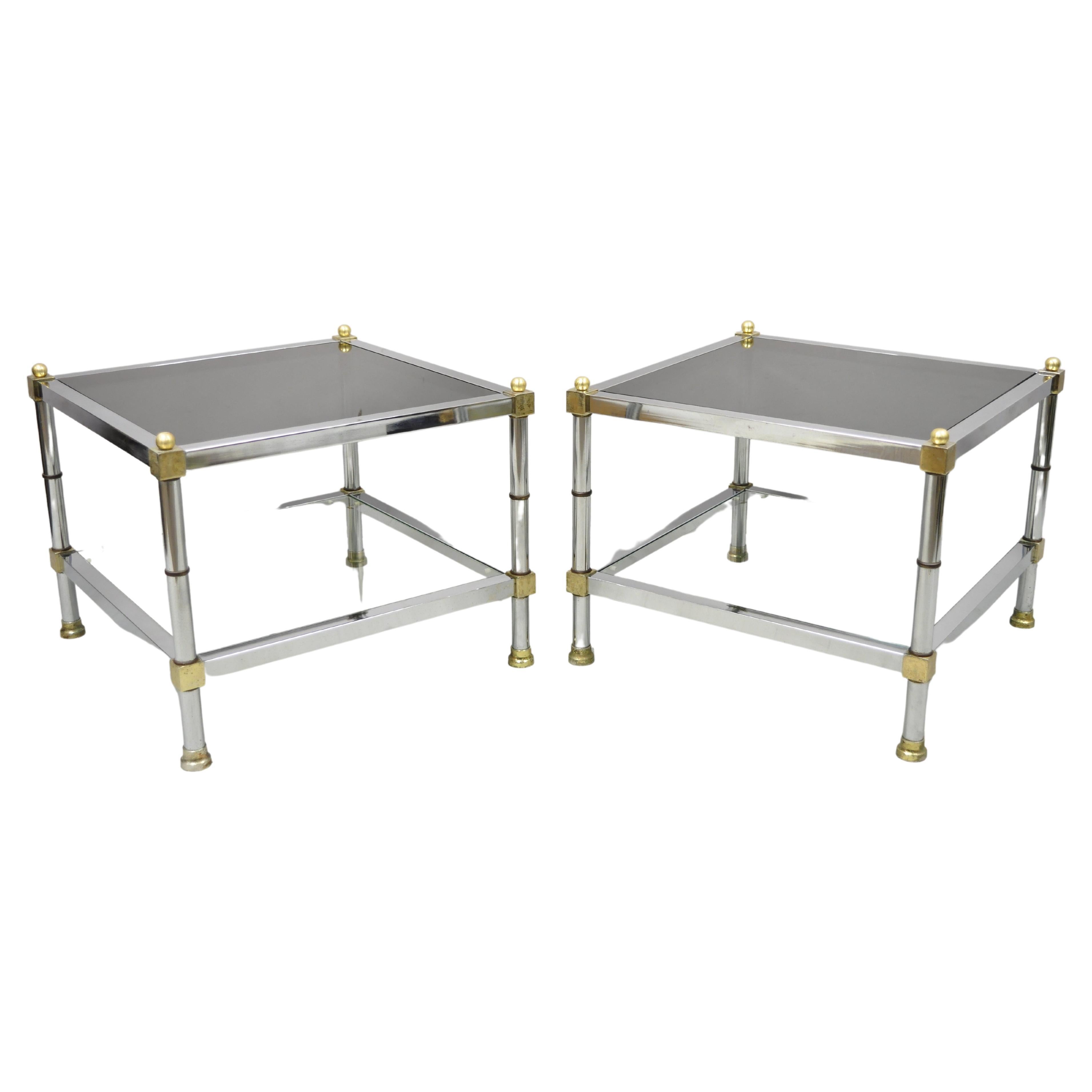 Chrome Brass Maison Jansen Style Hollywood Regency Square End Tables, a Pair