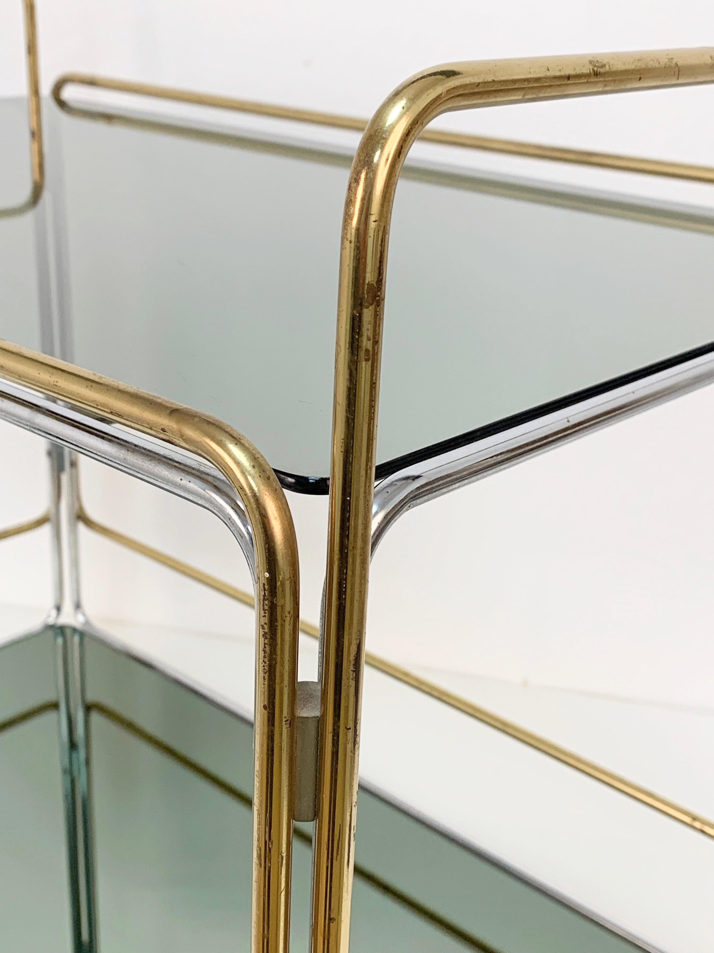 Chrome, Brass, Smoked Glass and Mirror Bar Cart/Serving Table, Italy, 1970s For Sale 4