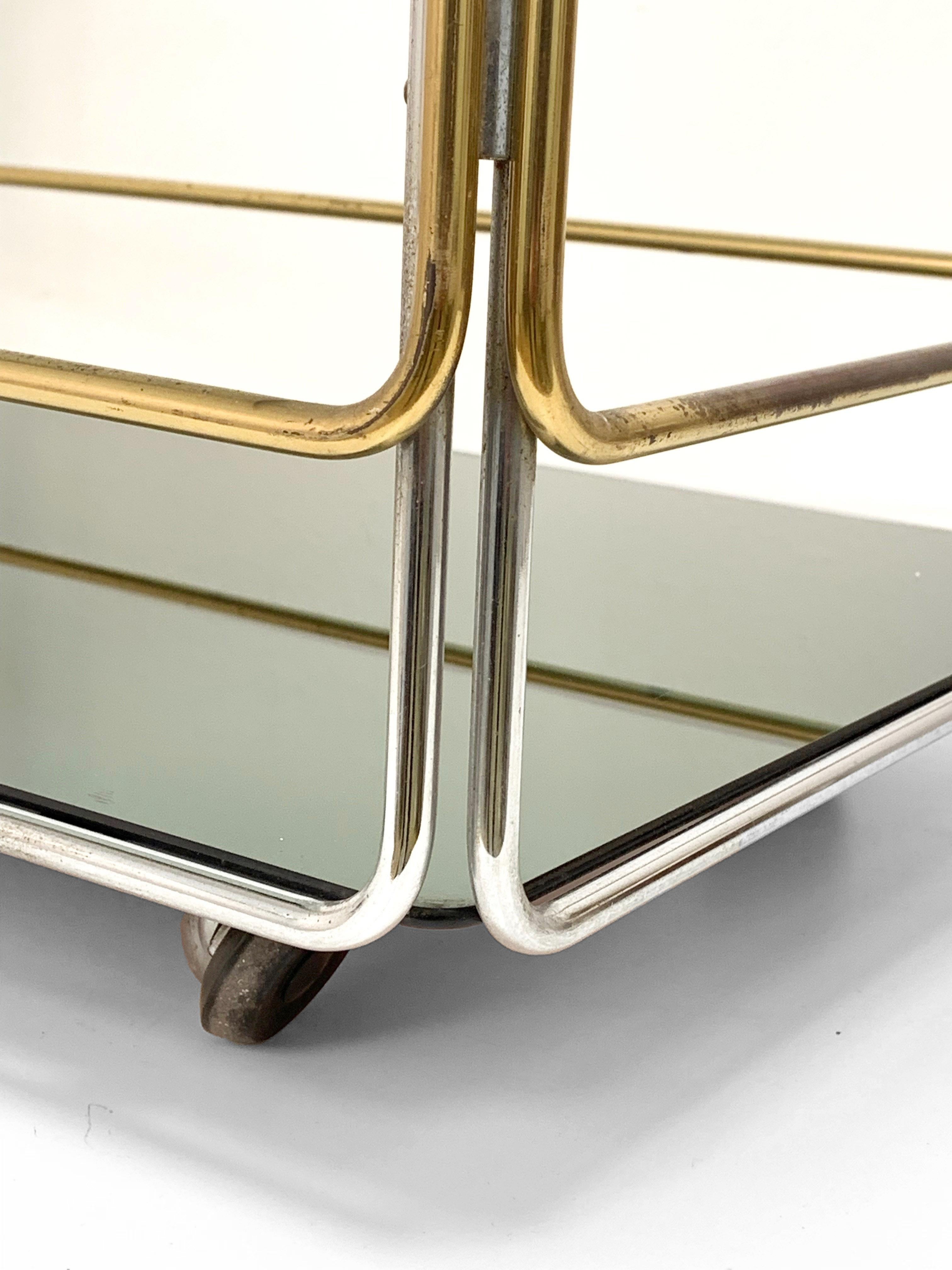 Chrome, Brass, Smoked Glass and Mirror Bar Cart/Serving Table, Italy, 1970s For Sale 5