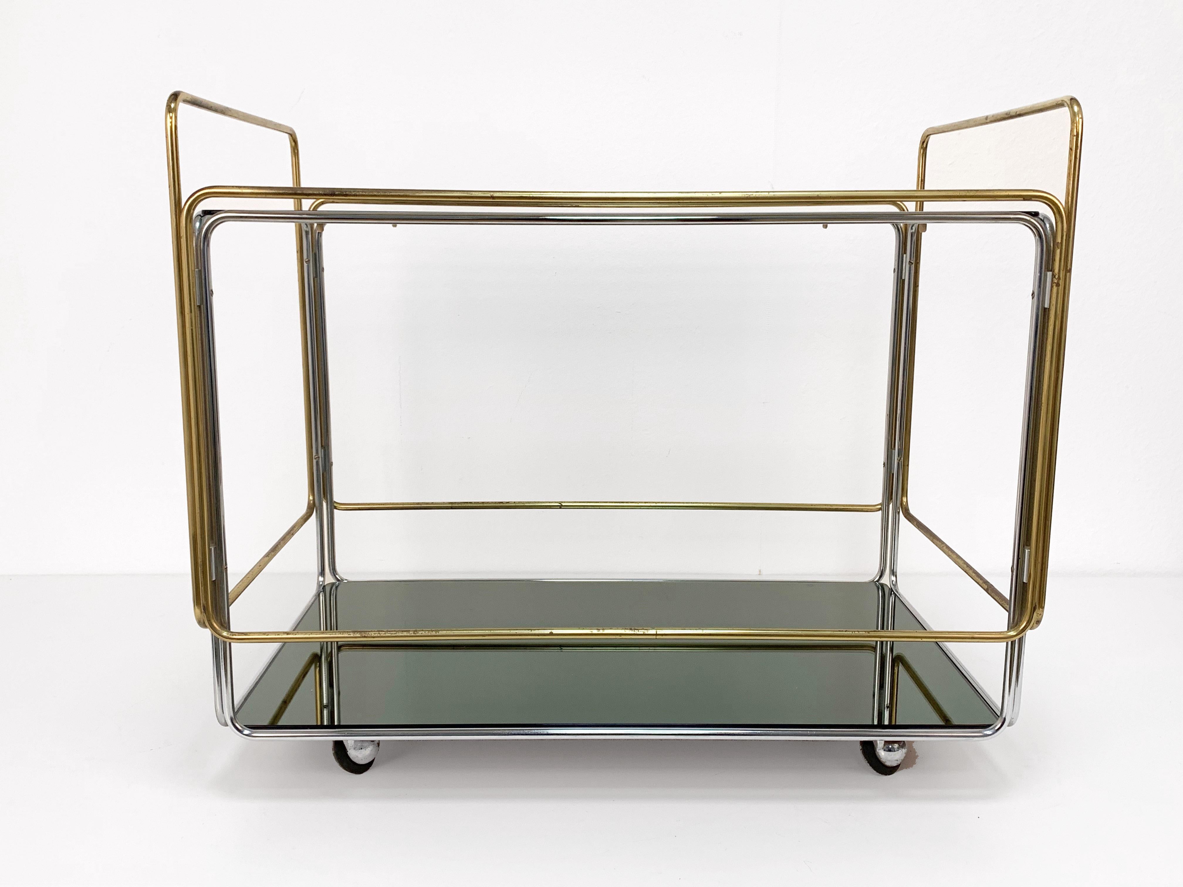 Chrome, Brass, Smoked Glass and Mirror Bar Cart/Serving Table, Italy, 1970s For Sale 6