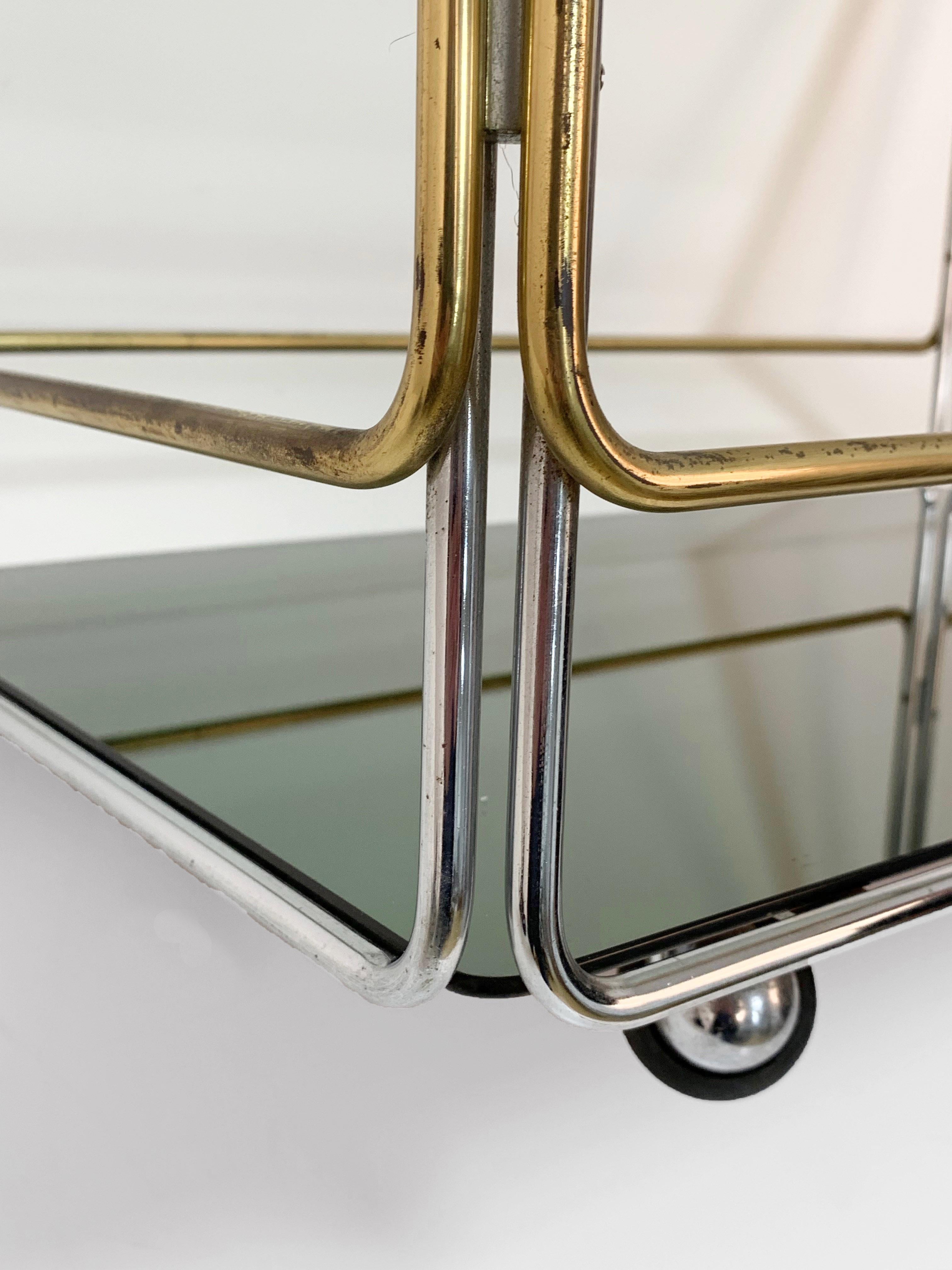 Chrome, Brass, Smoked Glass and Mirror Bar Cart/Serving Table, Italy, 1970s For Sale 8
