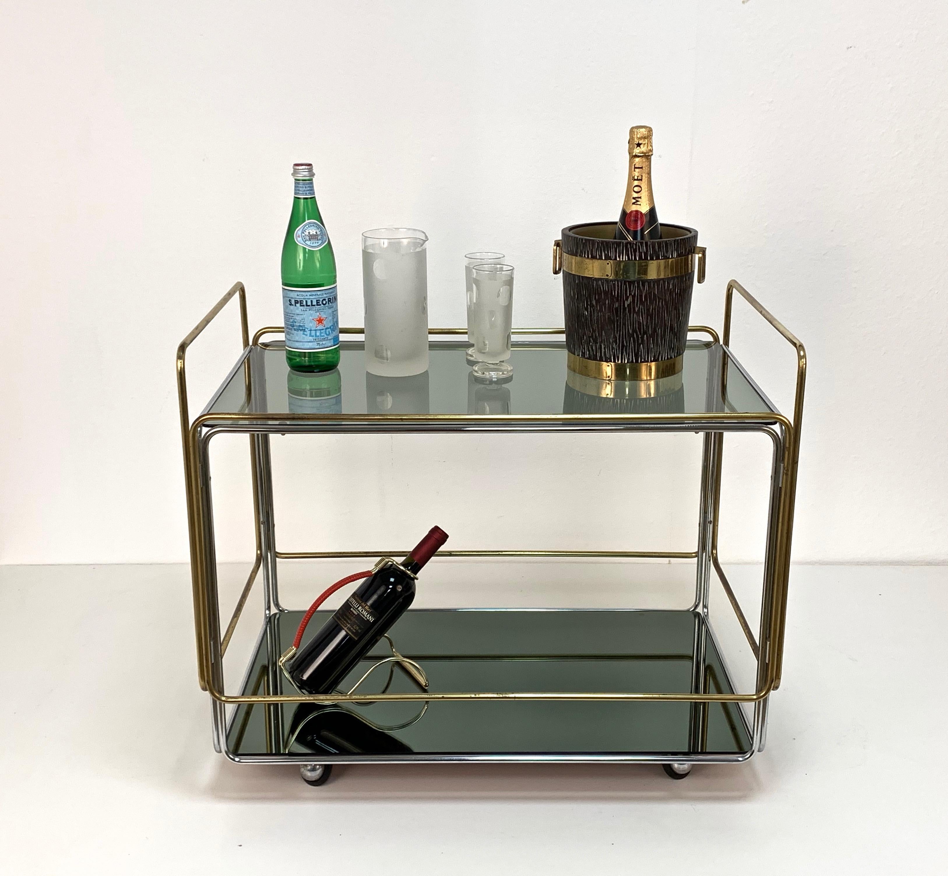 Chrome, Brass, Smoked Glass and Mirror Bar Cart/Serving Table, Italy, 1970s For Sale 12