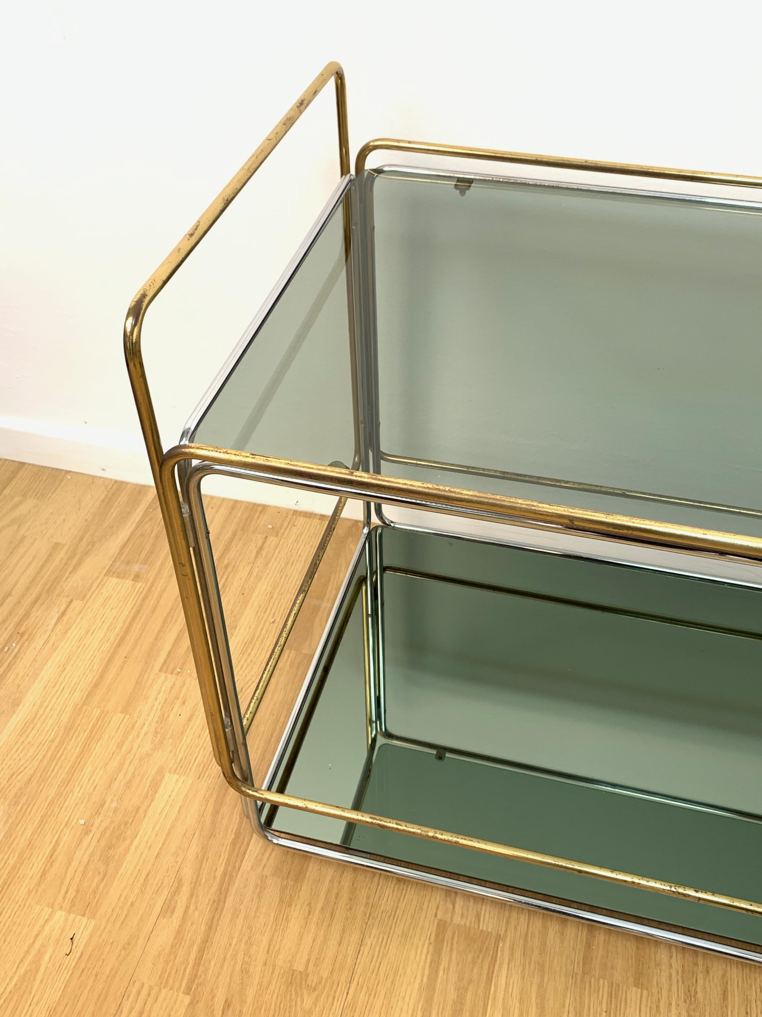 Chrome, Brass, Smoked Glass and Mirror Bar Cart/Serving Table, Italy, 1970s For Sale 13