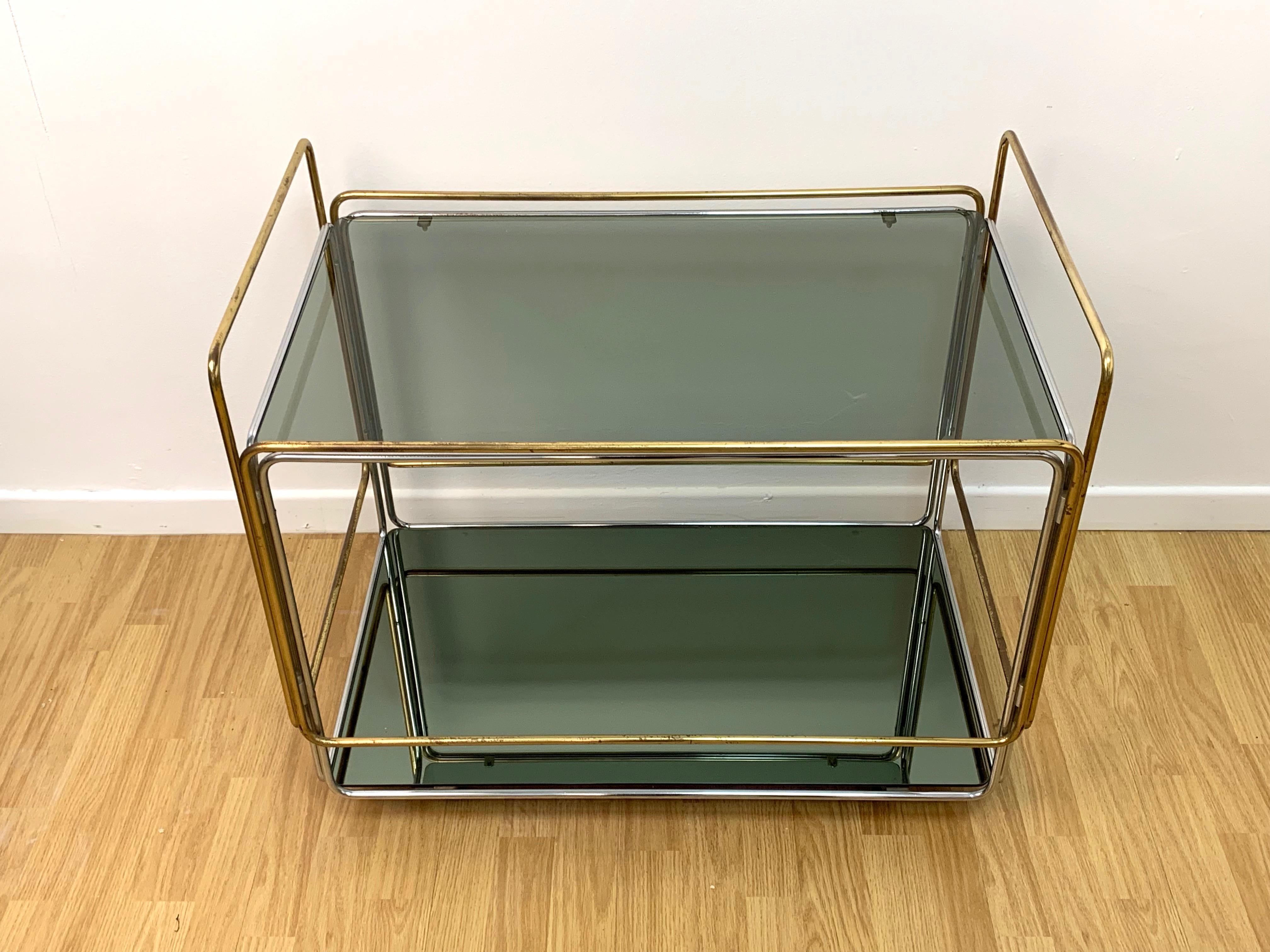 Mid-Century Modern Chrome, Brass, Smoked Glass and Mirror Bar Cart/Serving Table, Italy, 1970s For Sale
