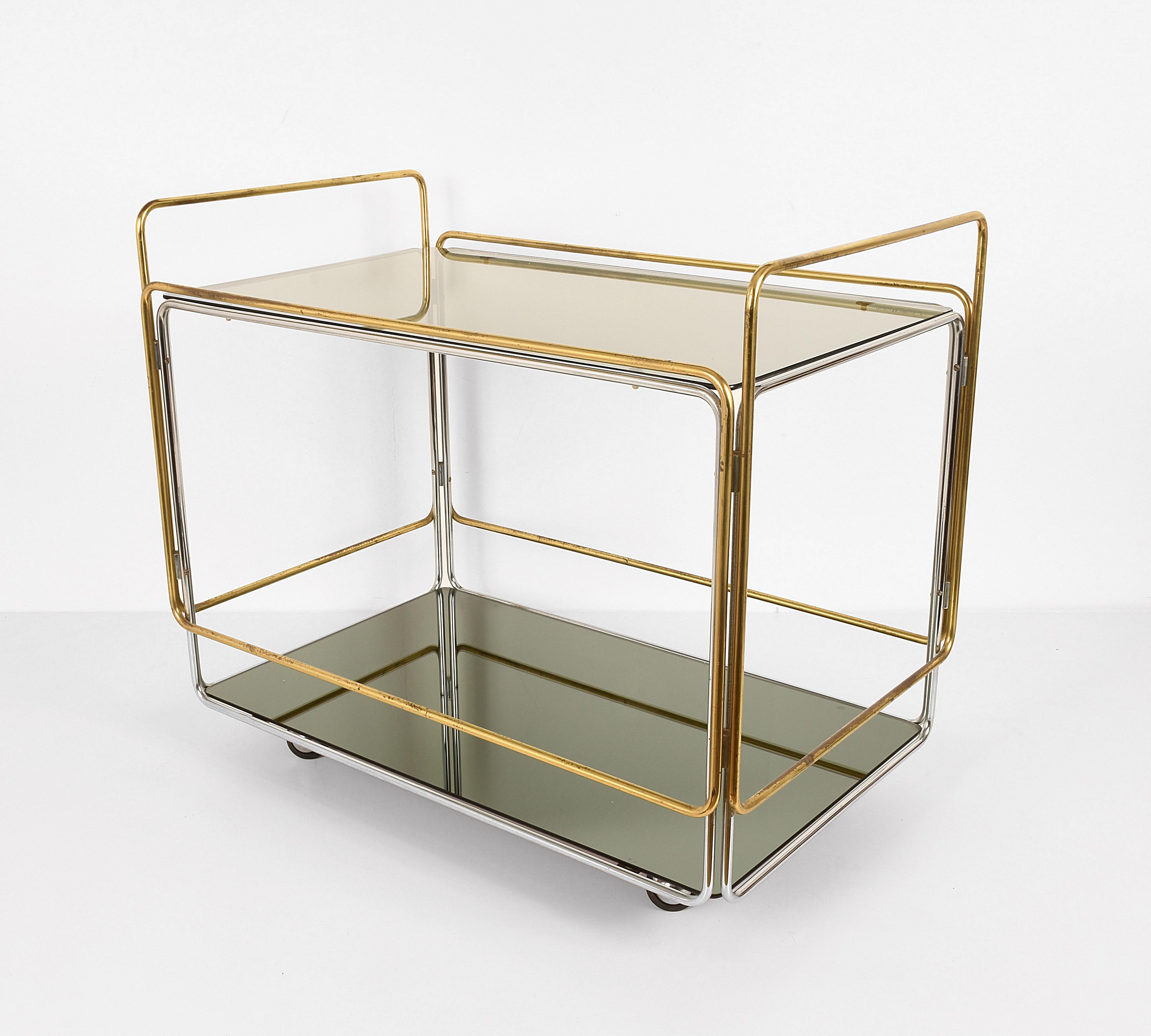 Italian Chrome, Brass, Smoked Glass and Mirror Bar Cart/Serving Table, Italy, 1970s For Sale