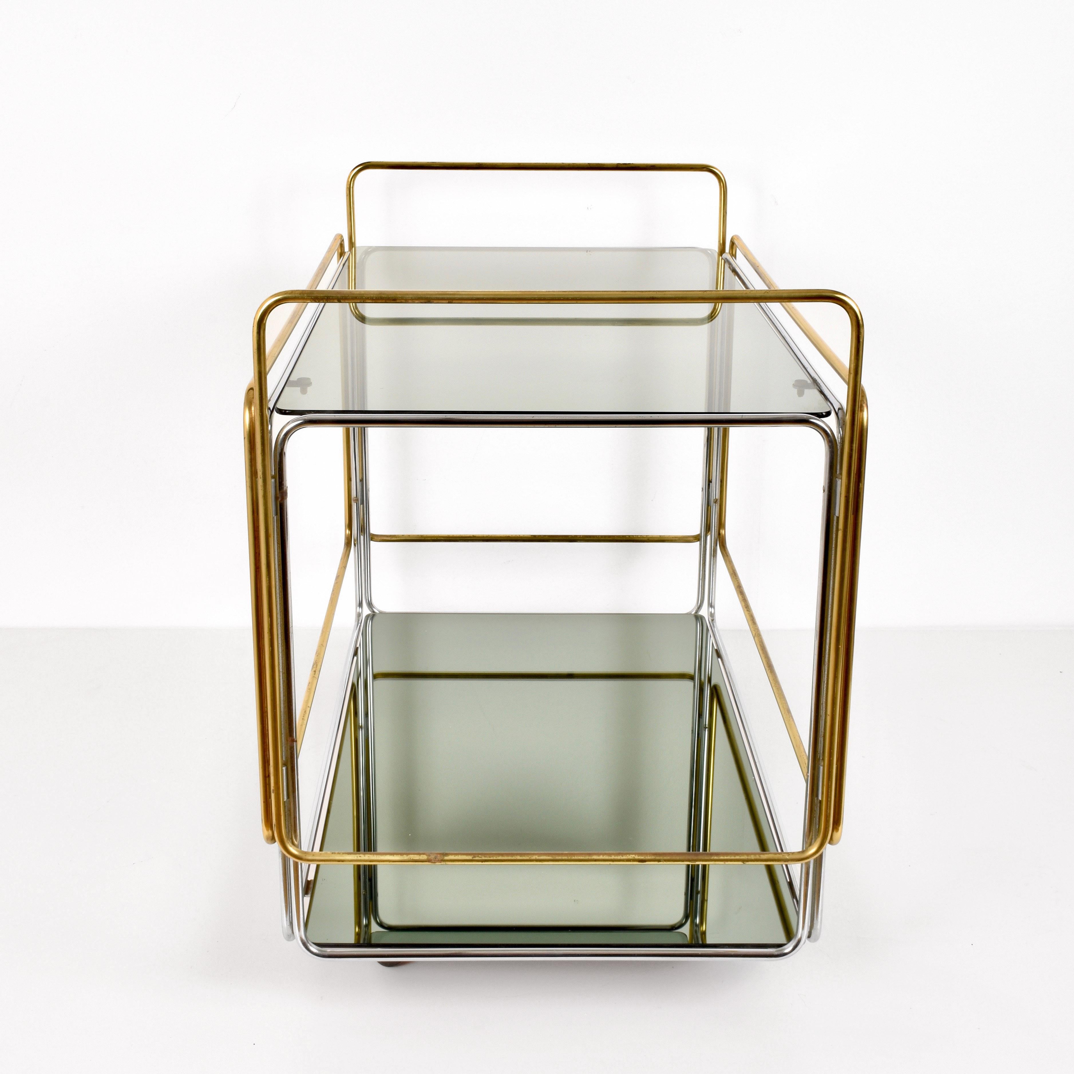 Chrome, Brass, Smoked Glass and Mirror Bar Cart/Serving Table, Italy, 1970s For Sale 1