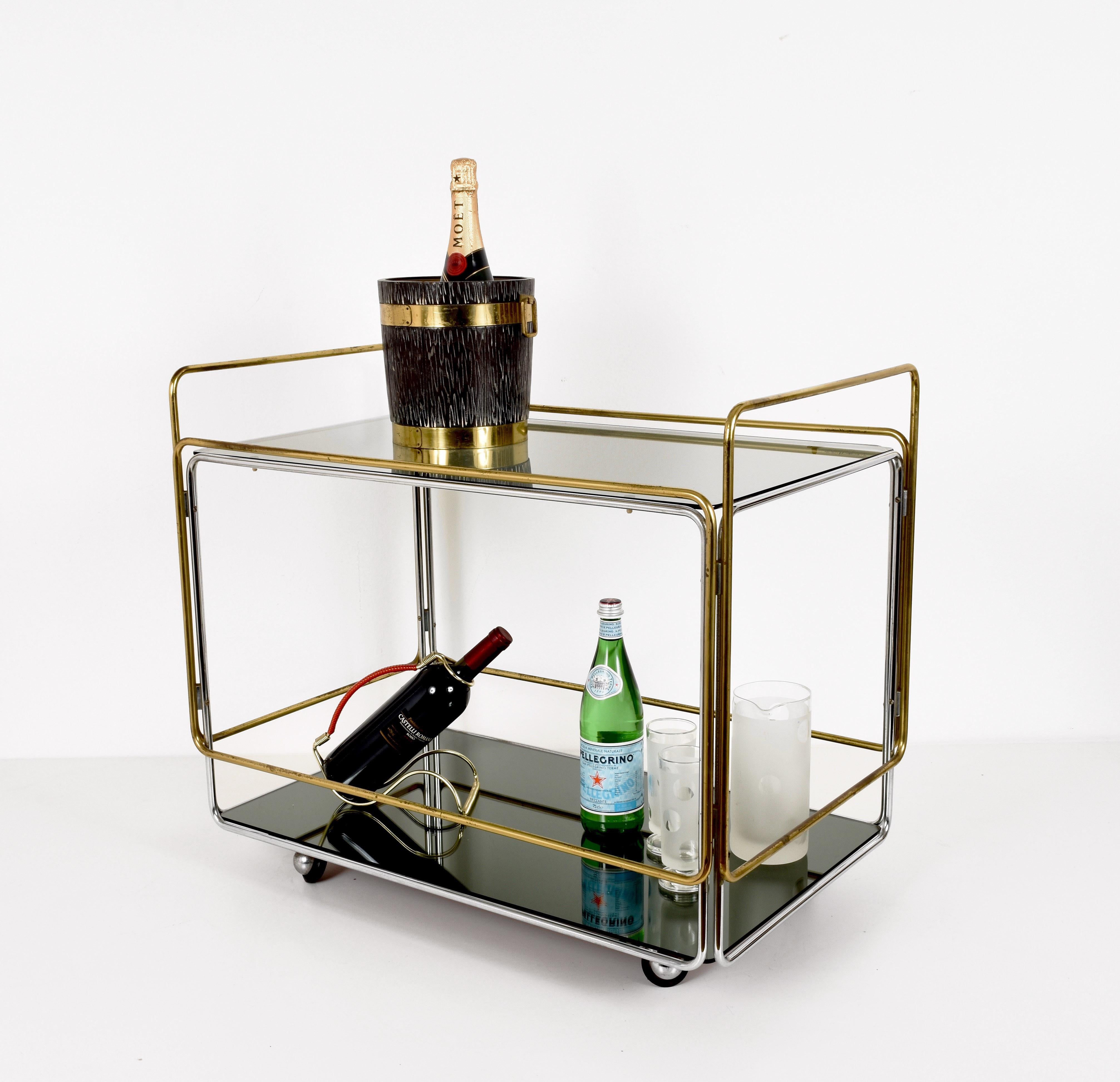 Chrome, Brass, Smoked Glass and Mirror Bar Cart/Serving Table, Italy, 1970s For Sale 2