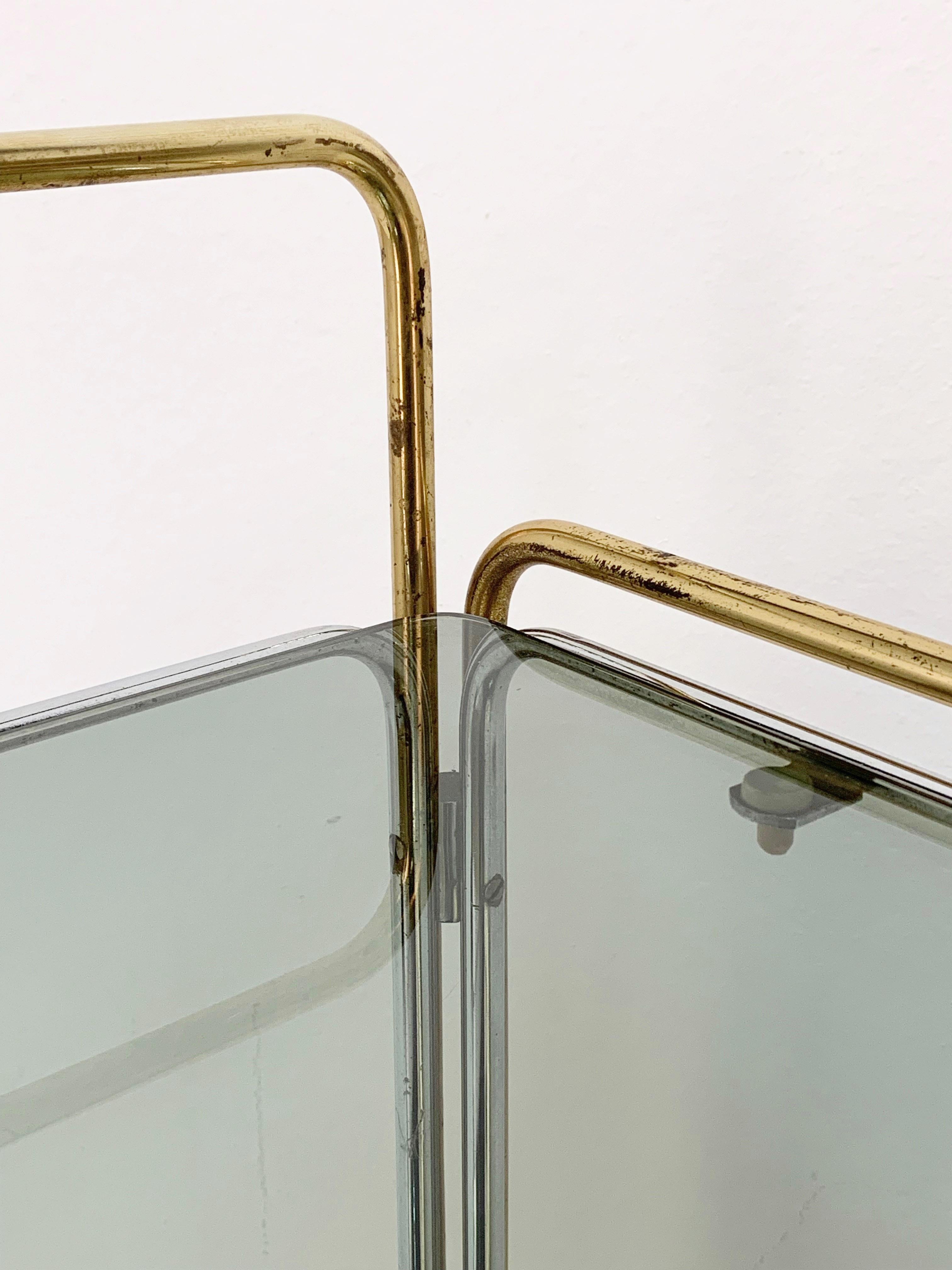 Chrome, Brass, Smoked Glass and Mirror Bar Cart/Serving Table, Italy, 1970s For Sale 3
