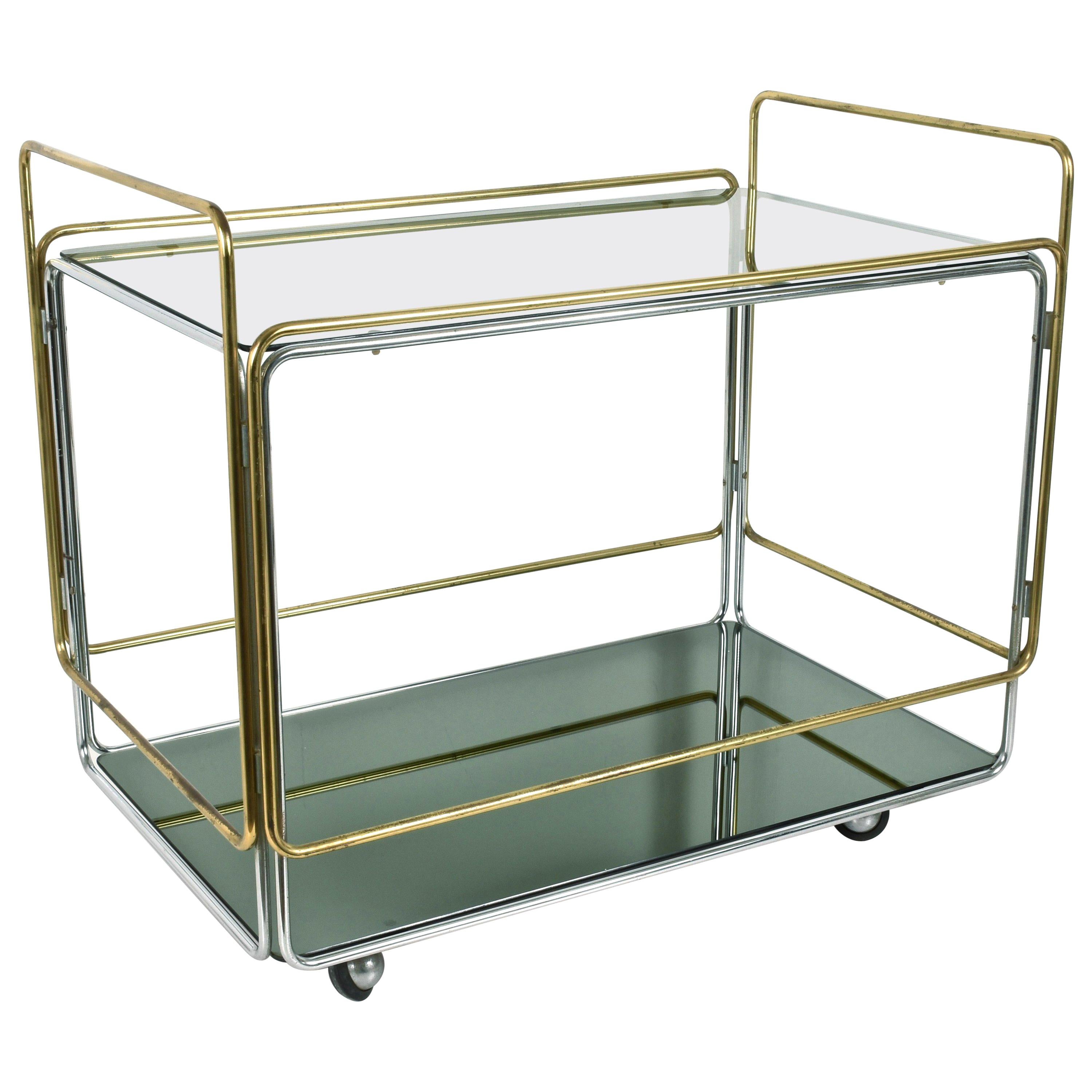 Chrome, Brass, Smoked Glass and Mirror Bar Cart/Serving Table, Italy, 1970s For Sale
