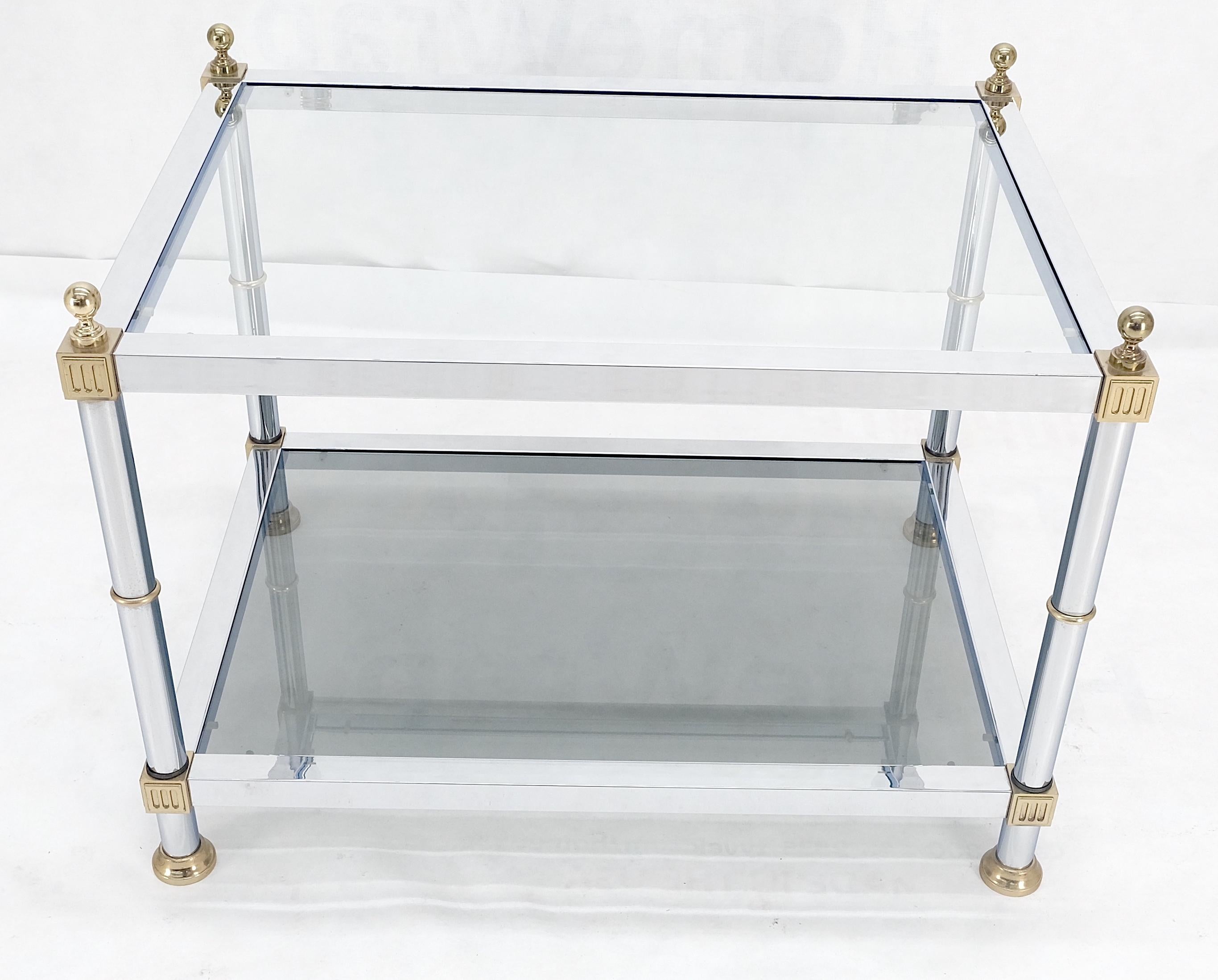 Chrome Brass Smoked Glass Rectangle Side End Occasional Table Ball Finials MINT! In Good Condition For Sale In Rockaway, NJ
