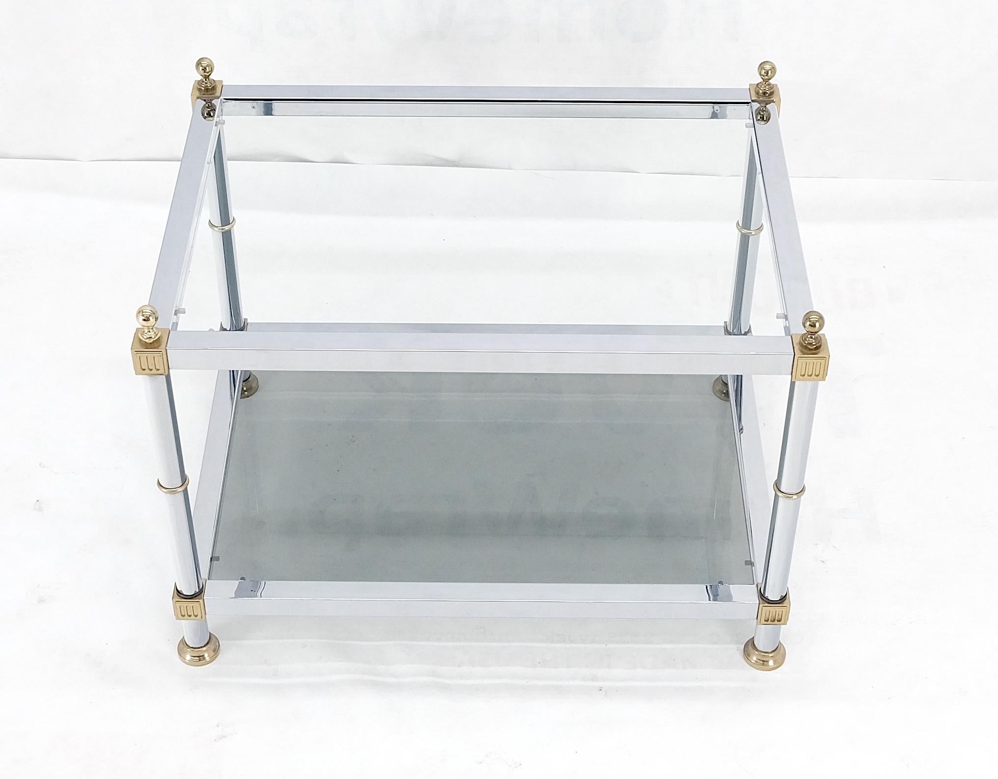 20th Century Chrome Brass Smoked Glass Rectangle Side End Occasional Table Ball Finials MINT! For Sale