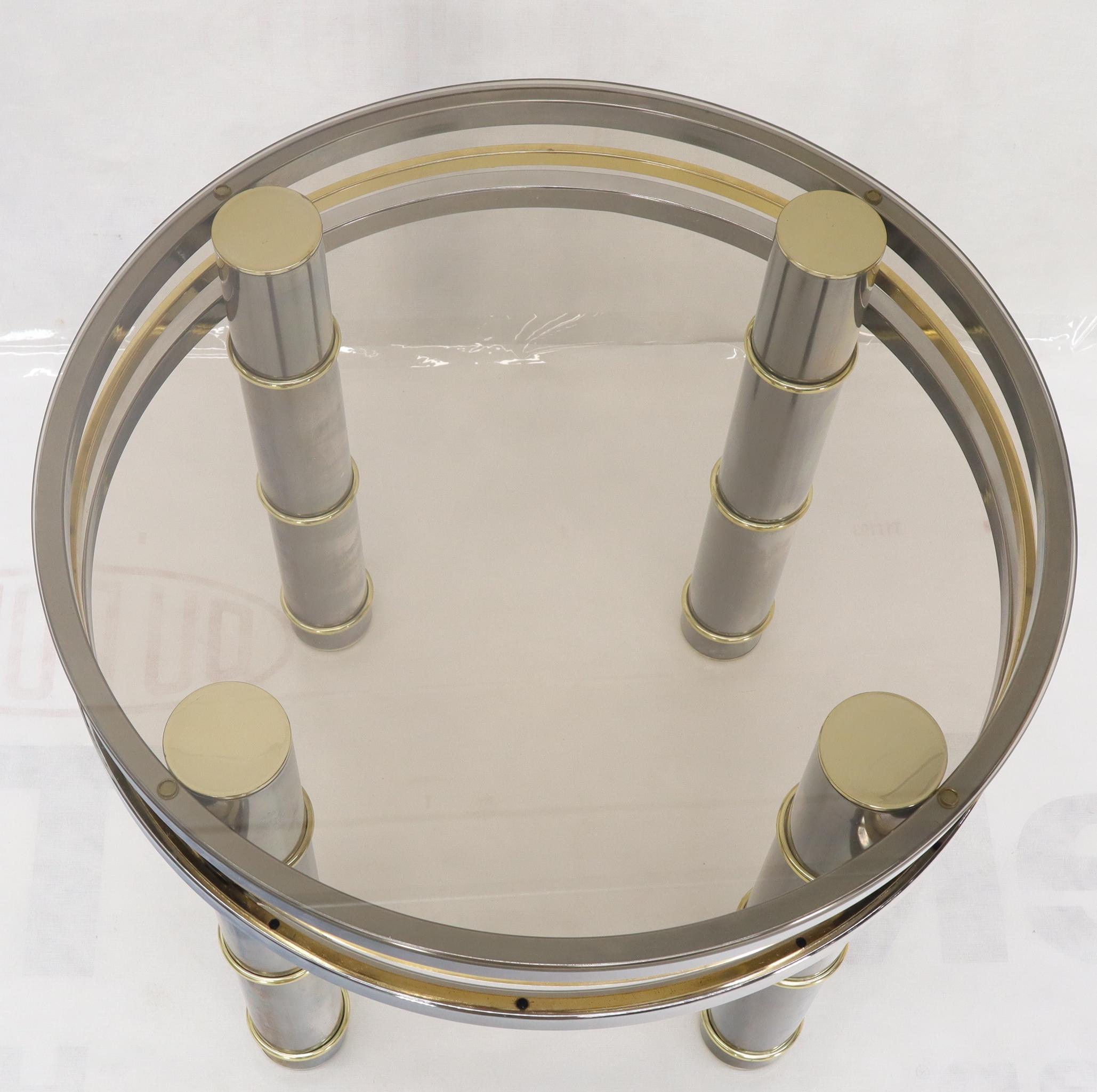 American Chrome Brass Smoked Glass Round Side Table Stand For Sale