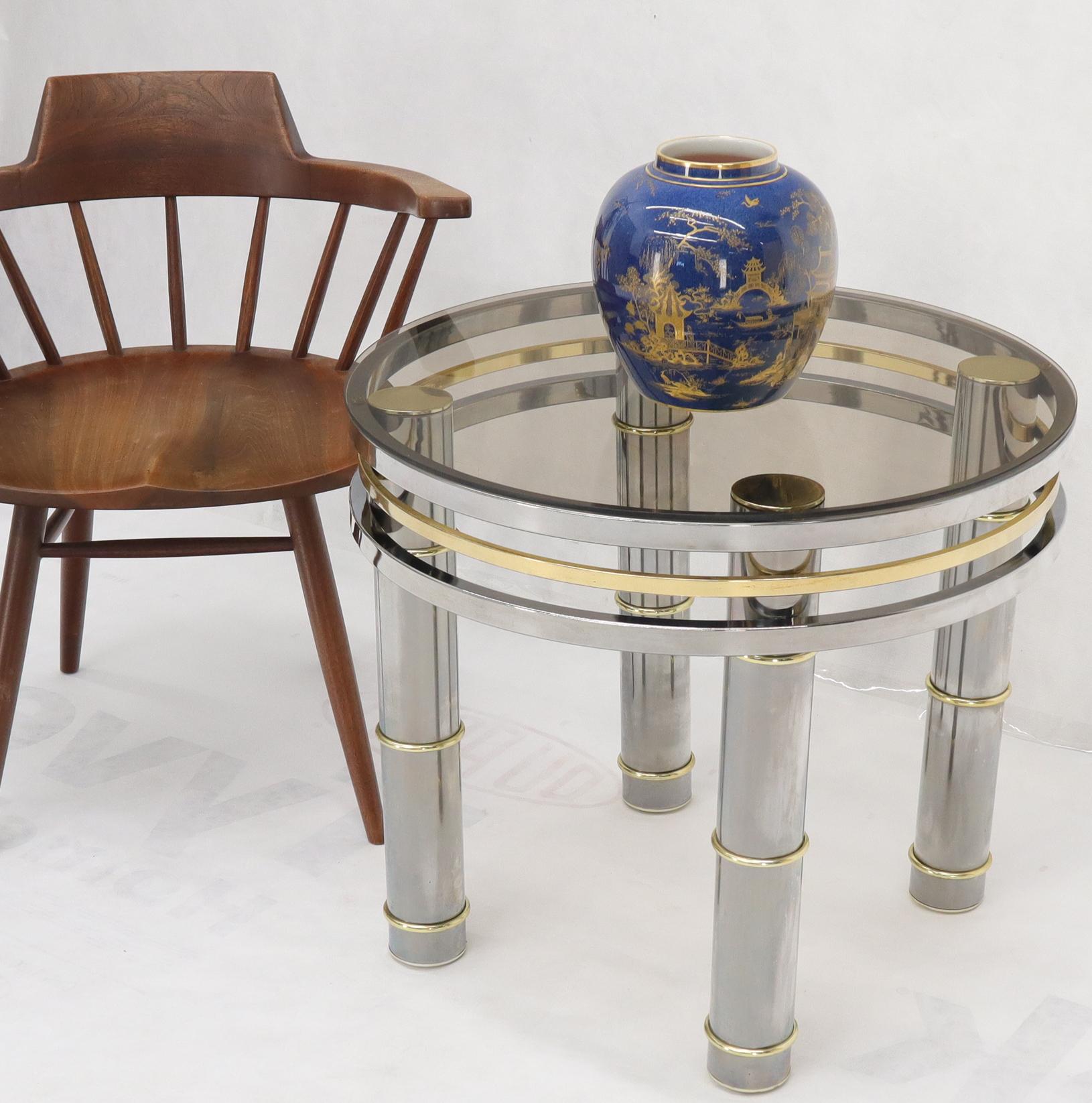 Polished Chrome Brass Smoked Glass Round Side Table Stand For Sale