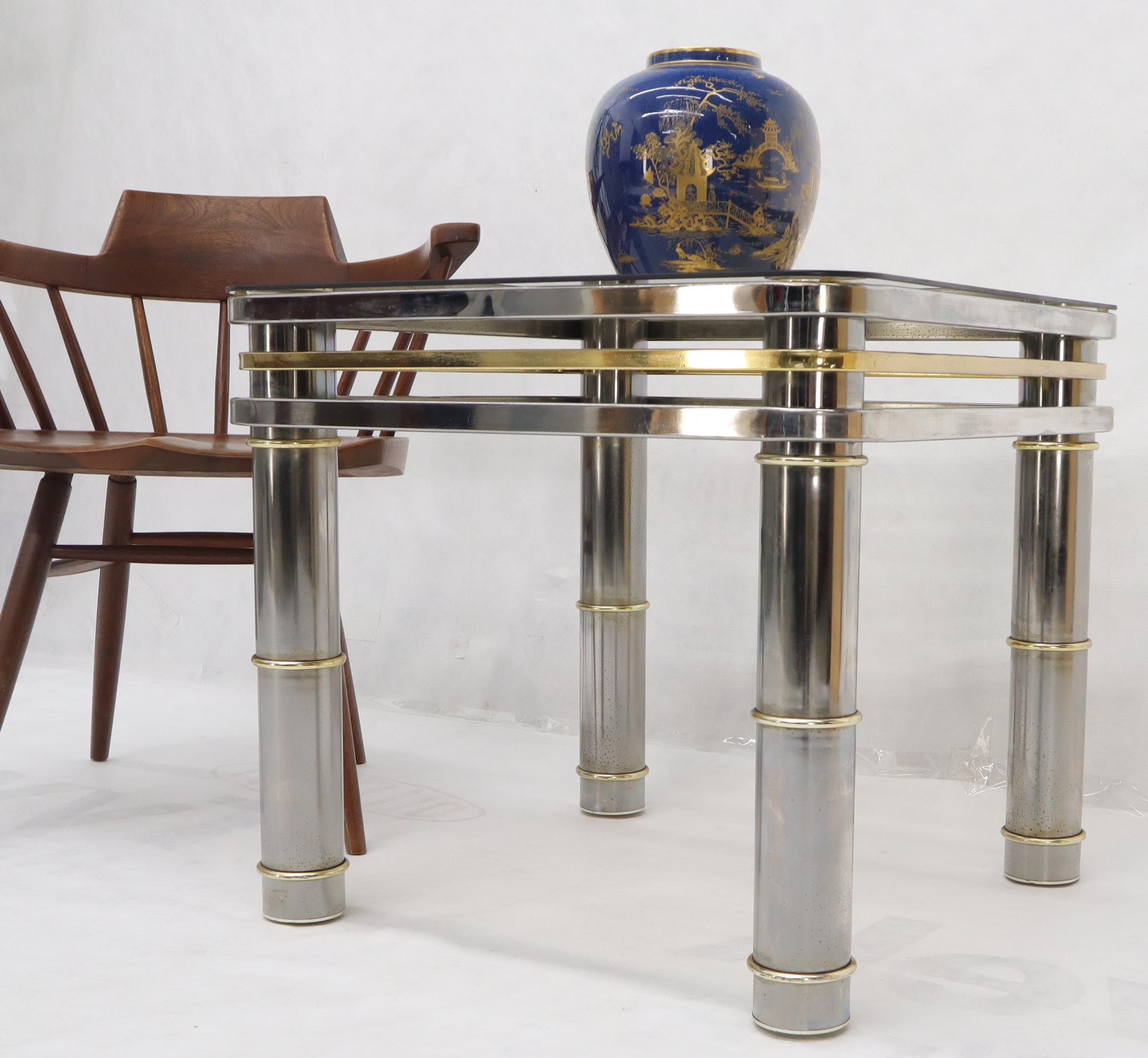 Chrome Brass Smoked Glass Side End Coffee Table Stand In Good Condition For Sale In Rockaway, NJ
