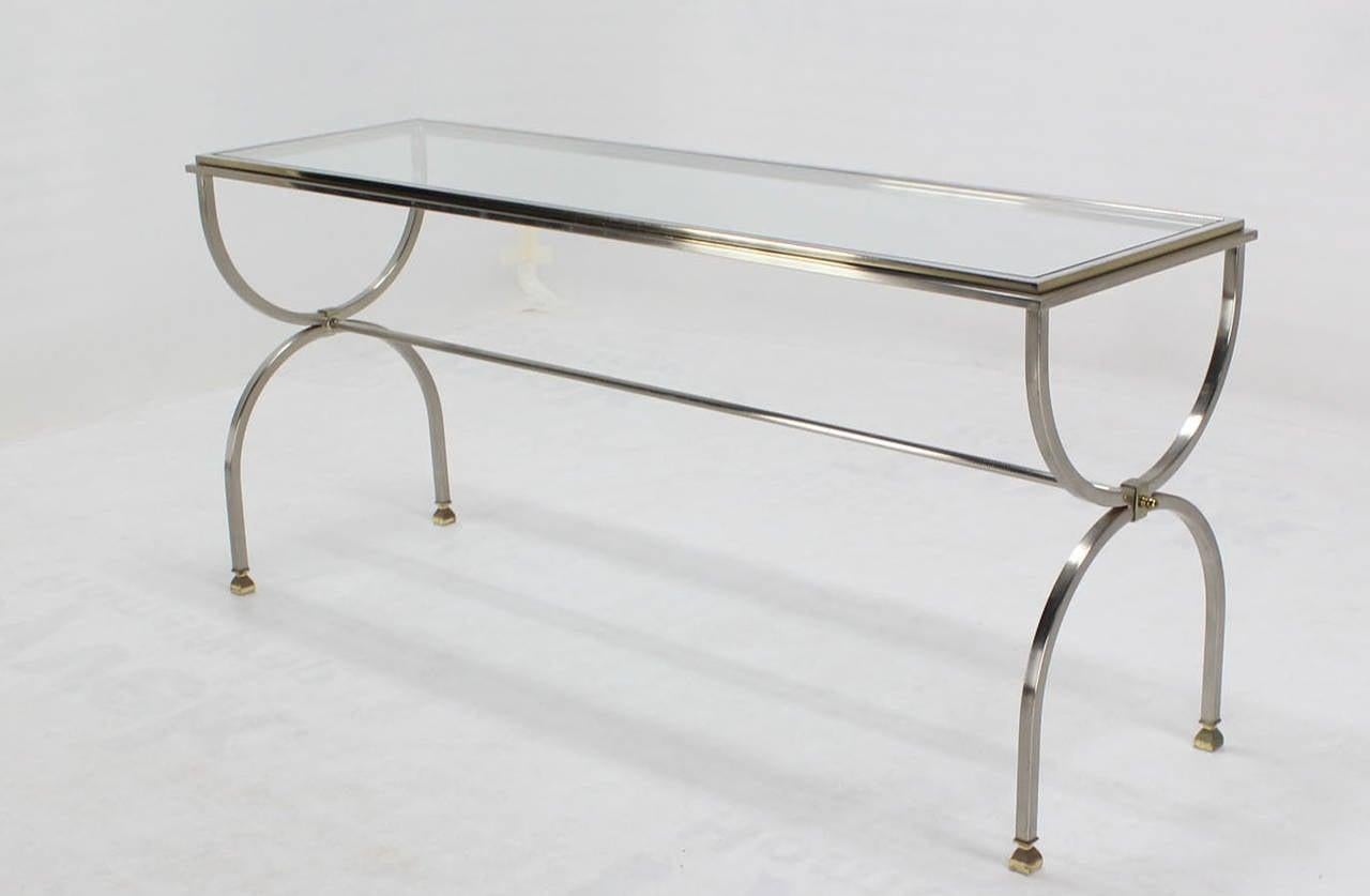 Mid-Century Modern Chrome Brass U Shape Base Glass Top Long Rectangle Console Sofa Table MINT! For Sale