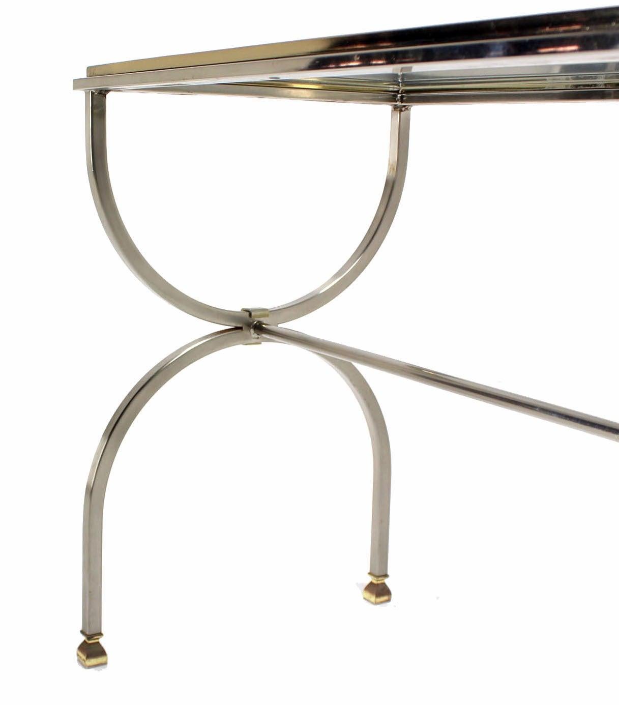 Italian Chrome Brass U Shape Base Glass Top Long Rectangle Console Sofa Table MINT! For Sale