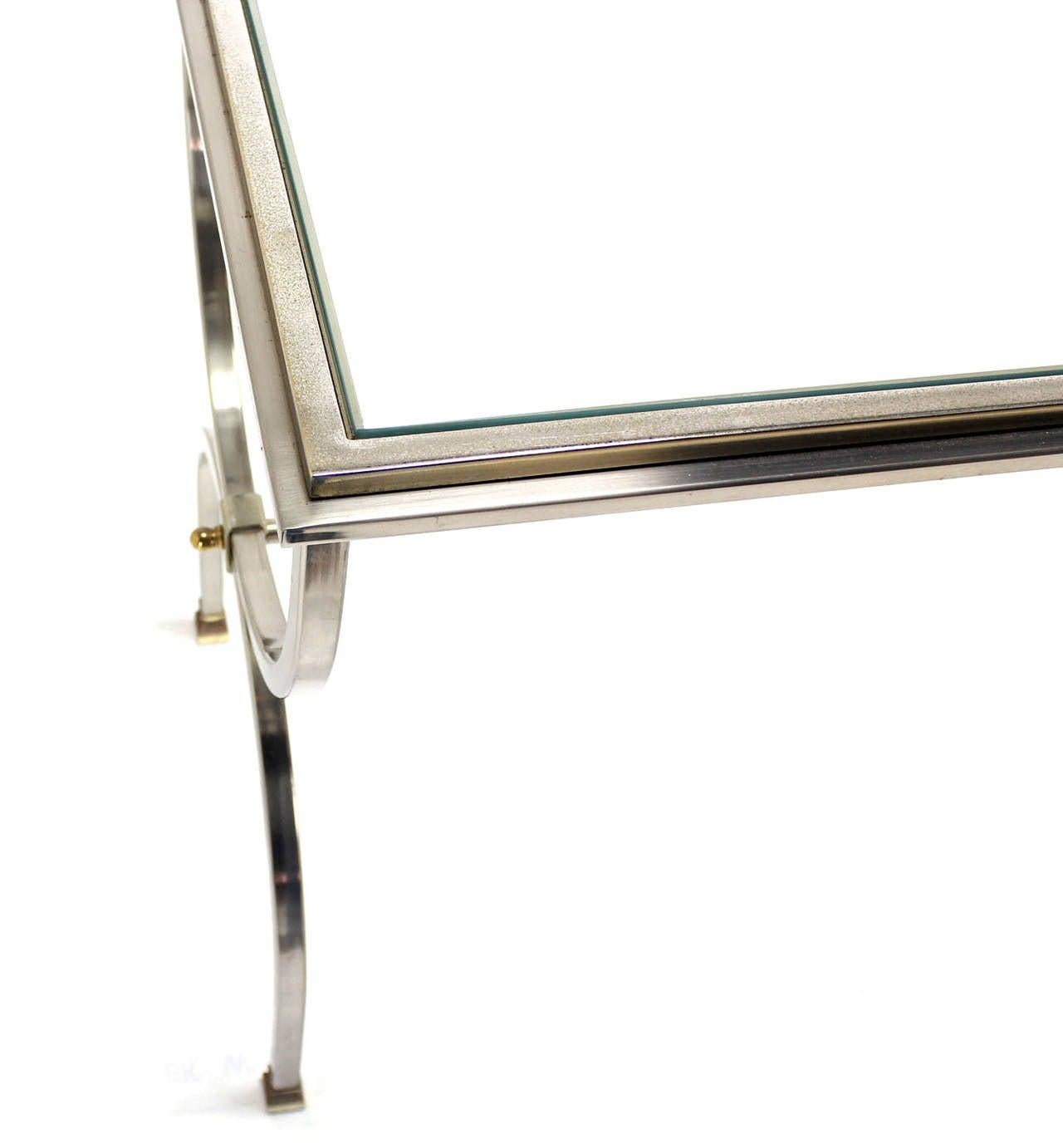 Chrome Brass U Shape Base Glass Top Long Rectangle Console Sofa Table MINT! For Sale 1