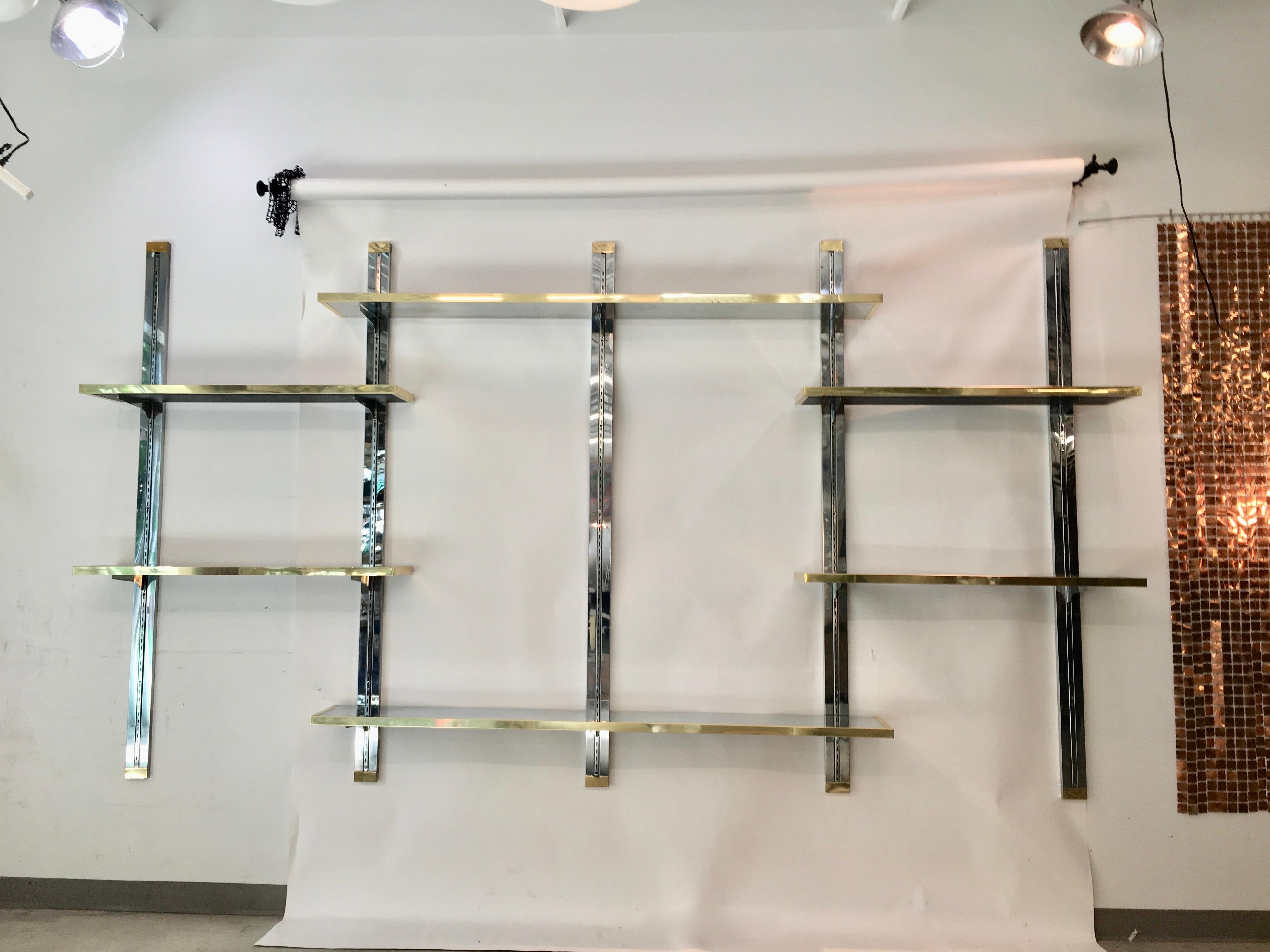 Late 20th Century Chrome & Brass Wall Mounted Shelves For Sale