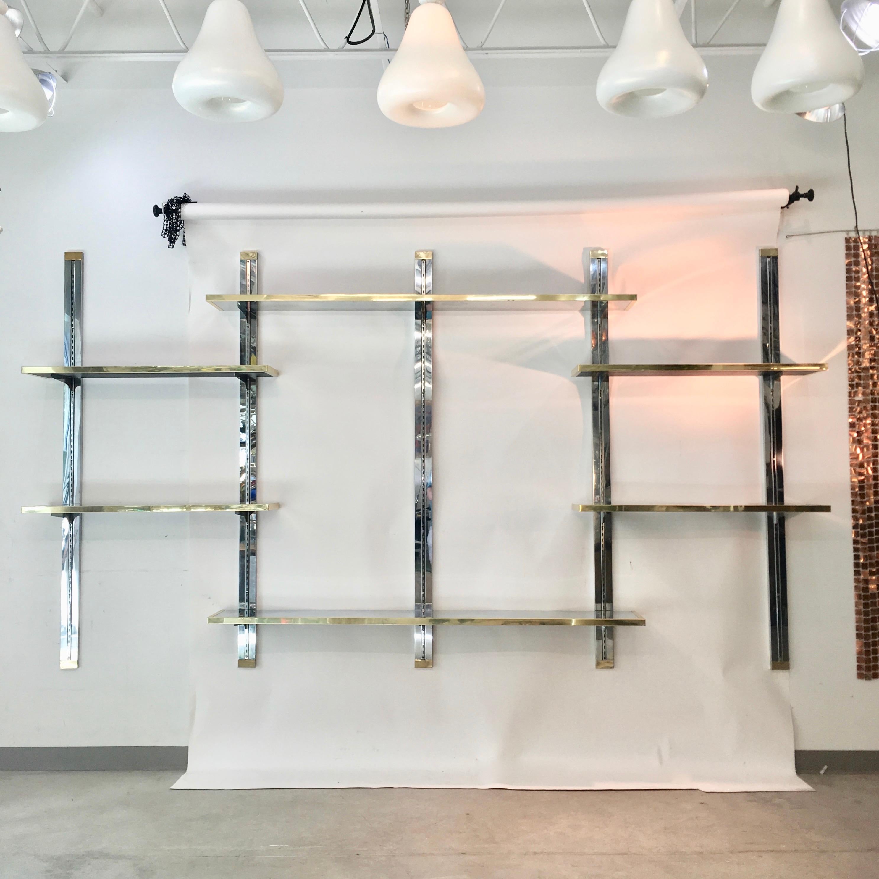ceiling mounted brass shelves