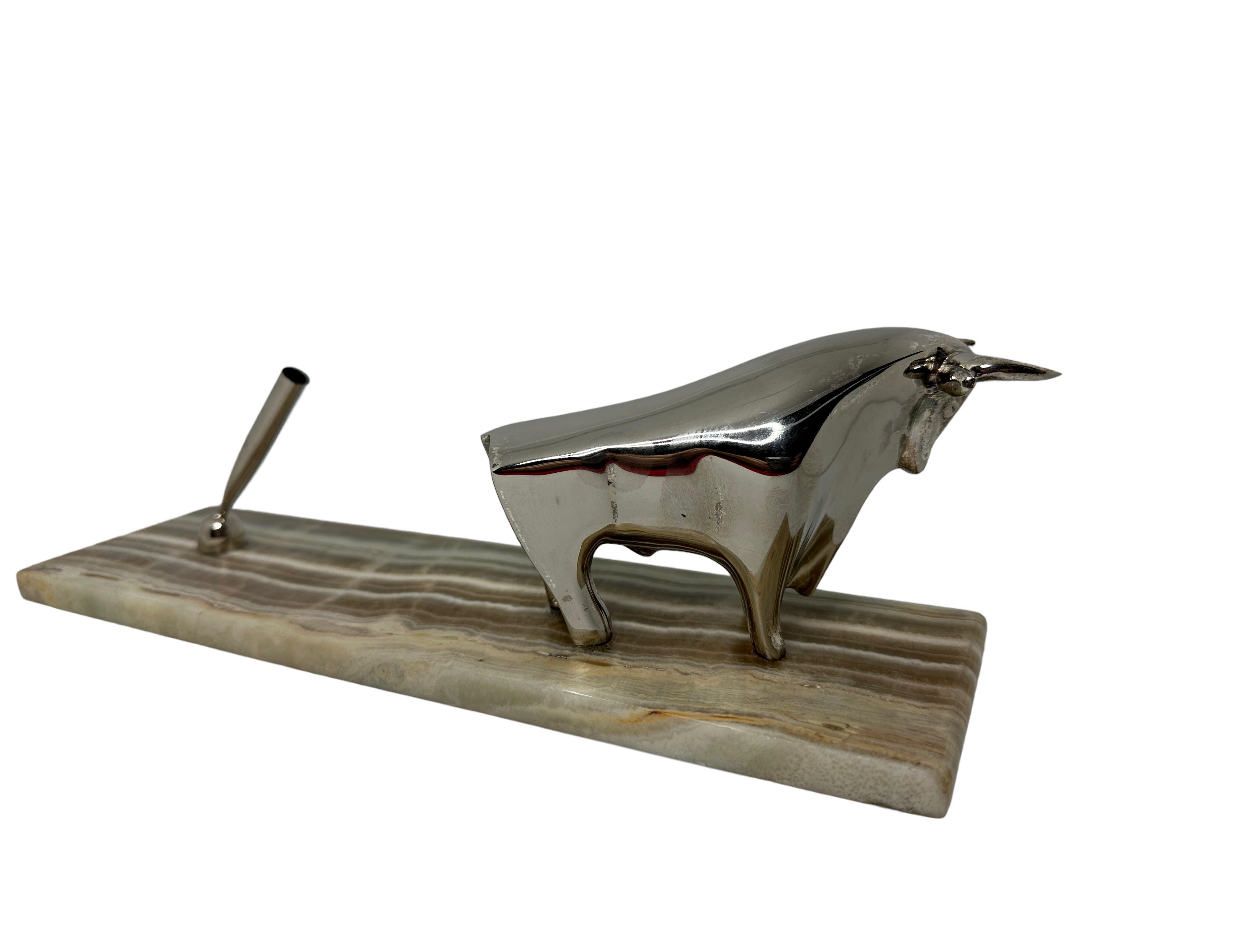 Mid-Century Modern Chrome Bull and Pen Holder Statue Decorative Desk Accessory, Italy 1970s For Sale