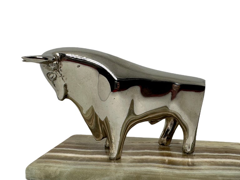 Chrome Bull and Pen Holder Statue Decorative Desk Accessory, Italy