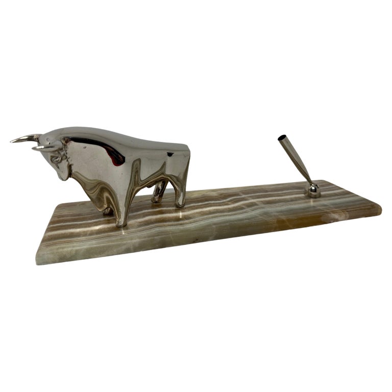 Chrome Bull and Pen Holder Statue Decorative Desk Accessory, Italy