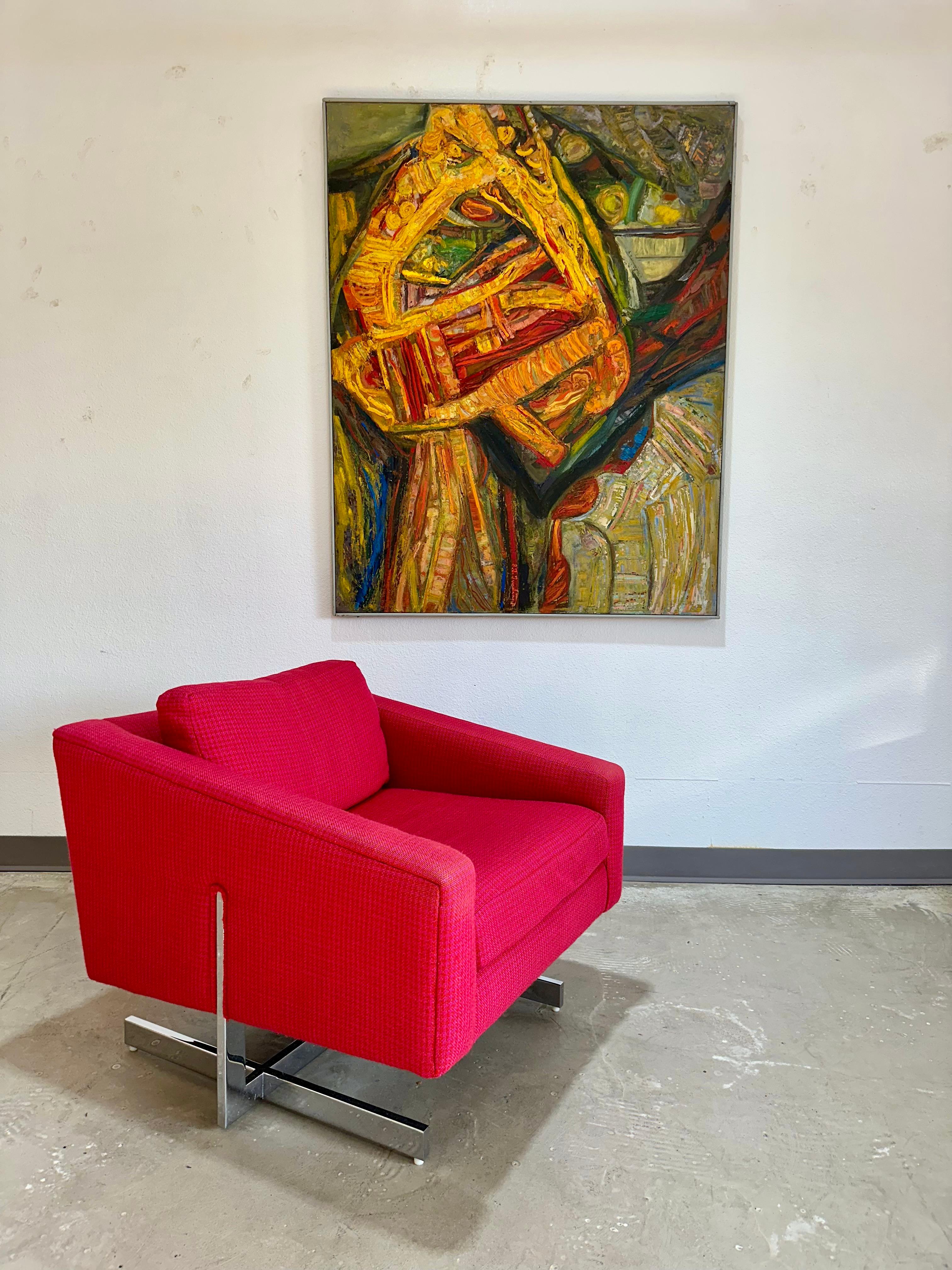 Silla Club o Lounge voladiza cromada diseñada por Jules Heumann para Metropolitan Furniture San Francisco. Llamativo diseño con soporte cromado en forma de U a lo largo del lateral que da a la silla un aspecto flotante, tapizada en un divertido