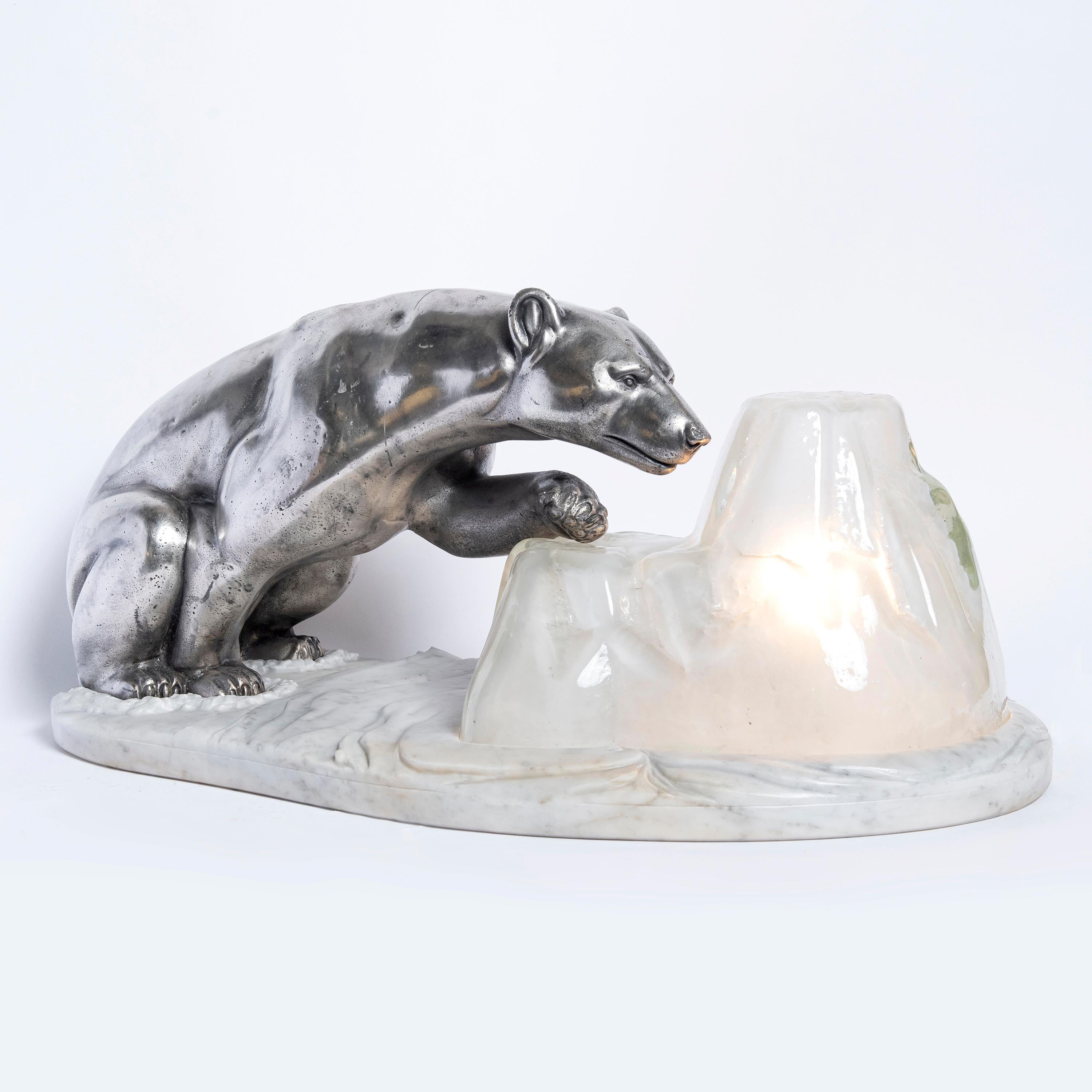 French Chrome Cast Bronze, Marble and Glass Table Lamp, France, circa 1930 For Sale