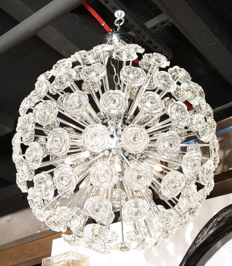Chandelier with Glass Roses, Italian Midcentury Design, Italy, Chrome Sphere For Sale 4