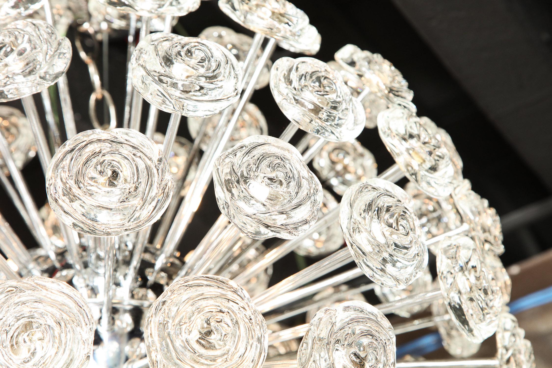 Chandelier with Glass Roses, Midcentury Design, Italy, Large Chrome Sphere For Sale 6