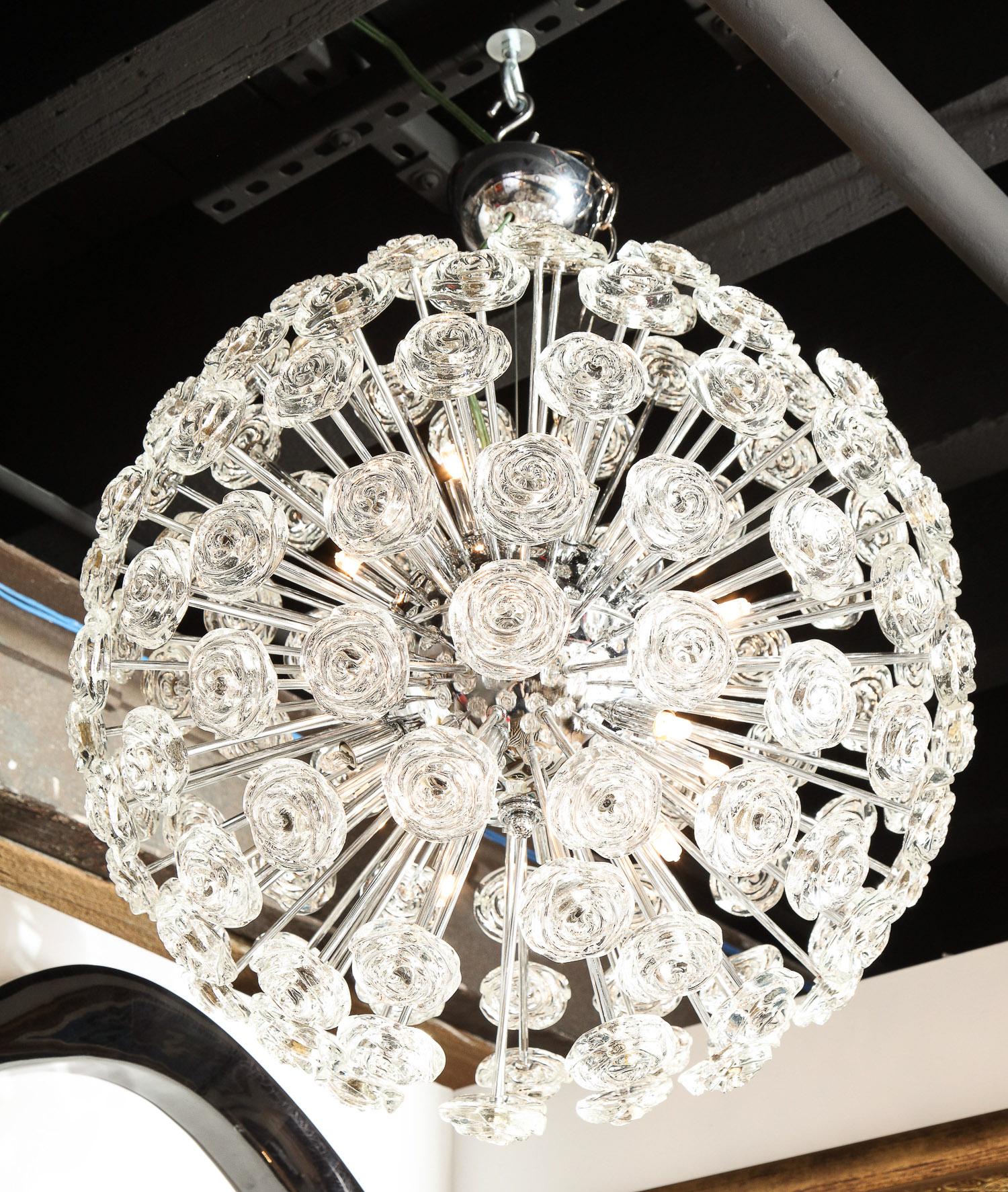 Mid-Century Modern Chandelier with Glass Roses, Midcentury Design, Italy, Large Chrome Sphere For Sale