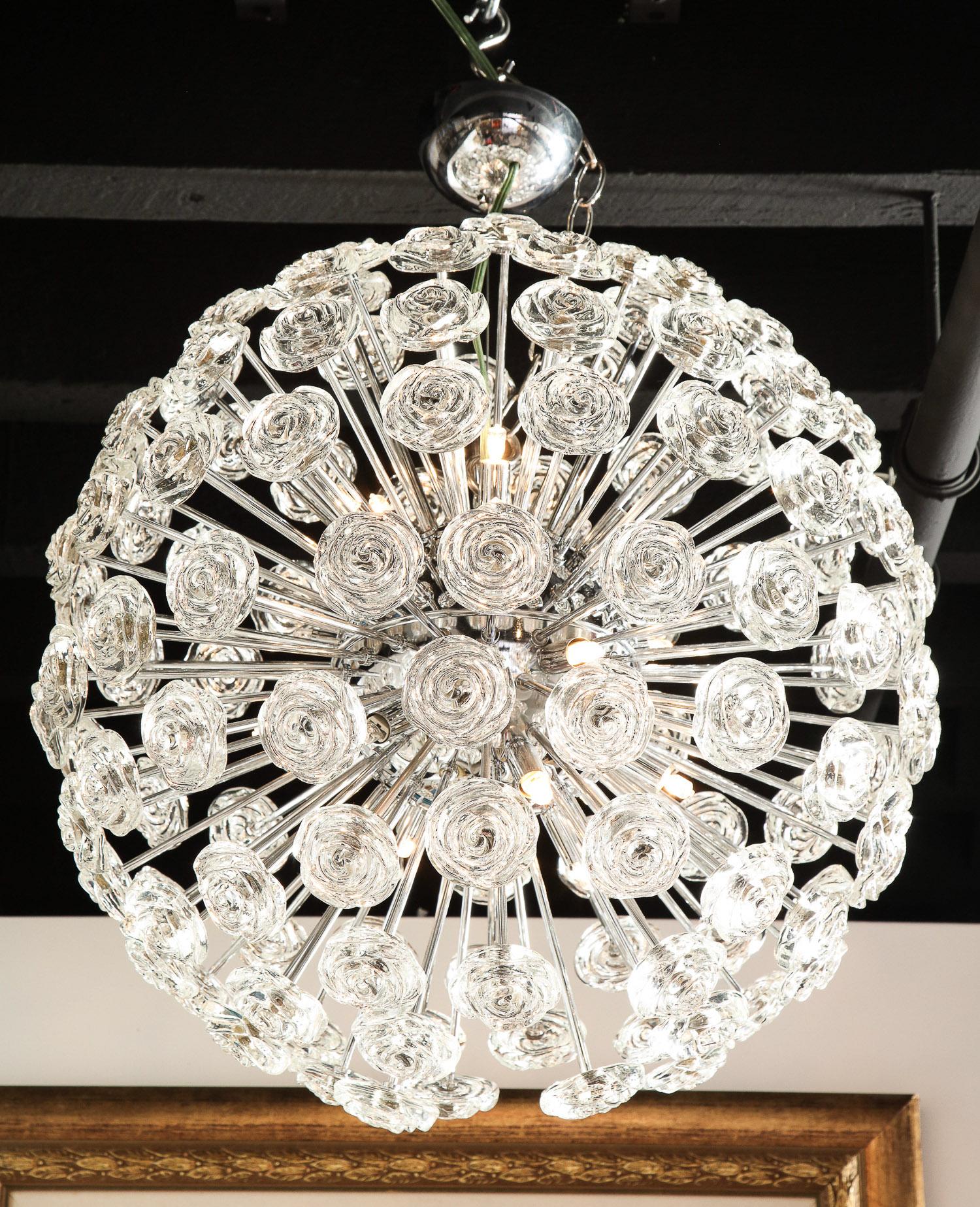 Italian Chandelier with Glass Roses, Midcentury Design, Italy, Large Chrome Sphere For Sale