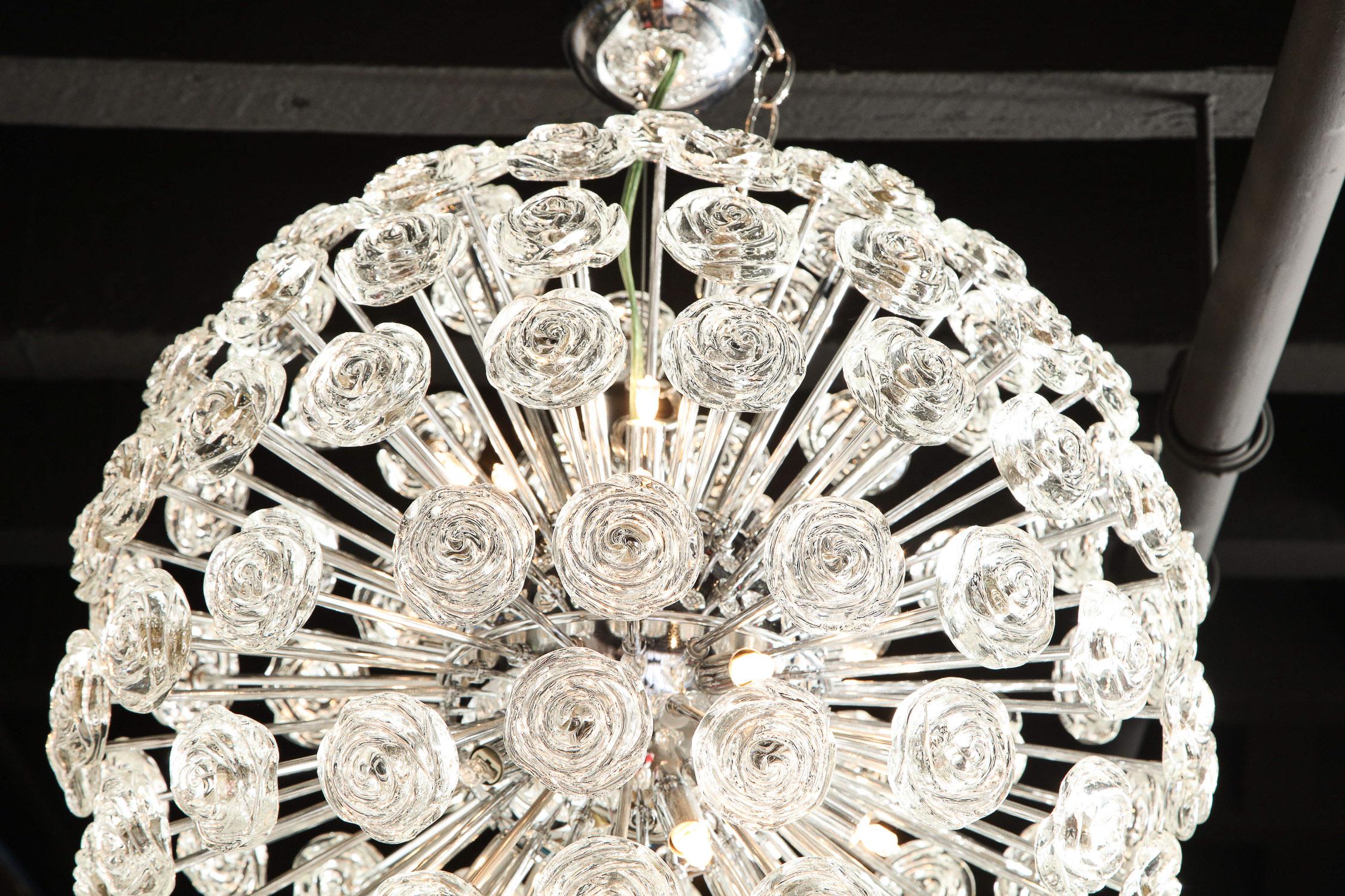 Hand-Crafted Chandelier with Glass Roses, Midcentury Design, Large Chrome Sphere, Italy For Sale