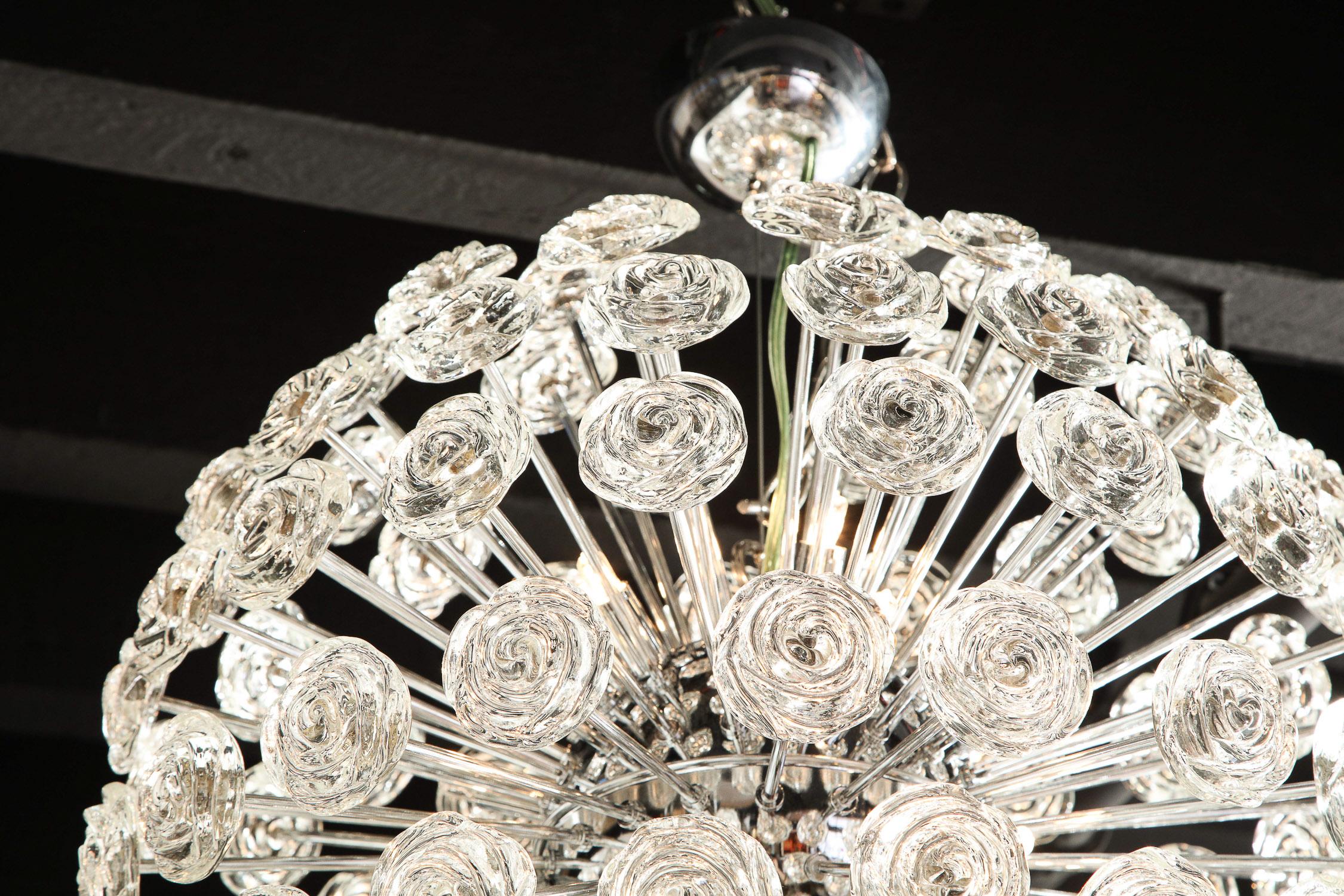 Chandelier with Glass Roses, Midcentury Design, Italy, Large Chrome Sphere In Good Condition For Sale In New York, NY