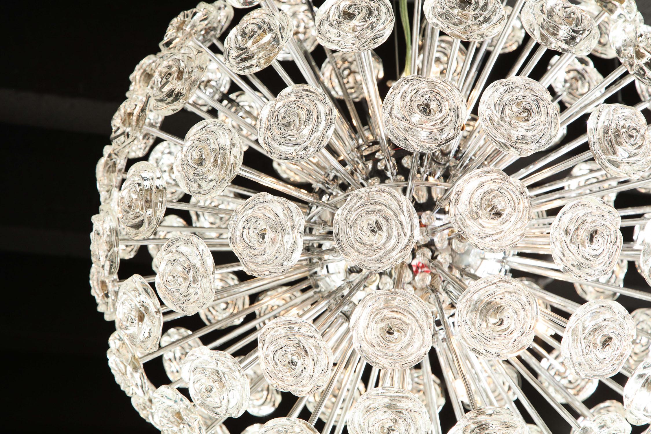 Contemporary Chandelier with Glass Roses, Midcentury Design, Italy, Large Chrome Sphere For Sale