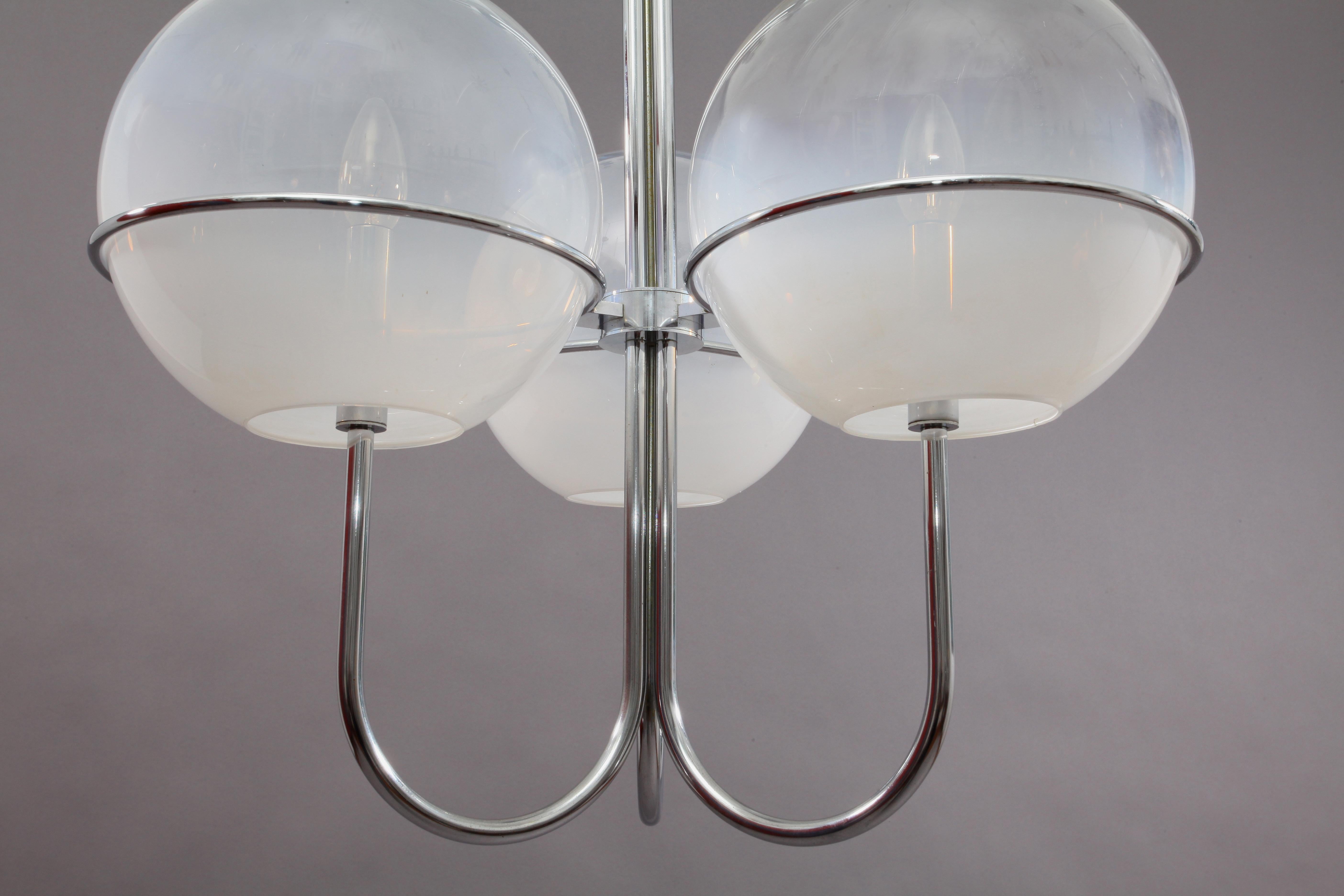 Chrome Chandelier with Opaline Glass Balls Mazzega Murano 1960 In Good Condition For Sale In Vienna, Vienna