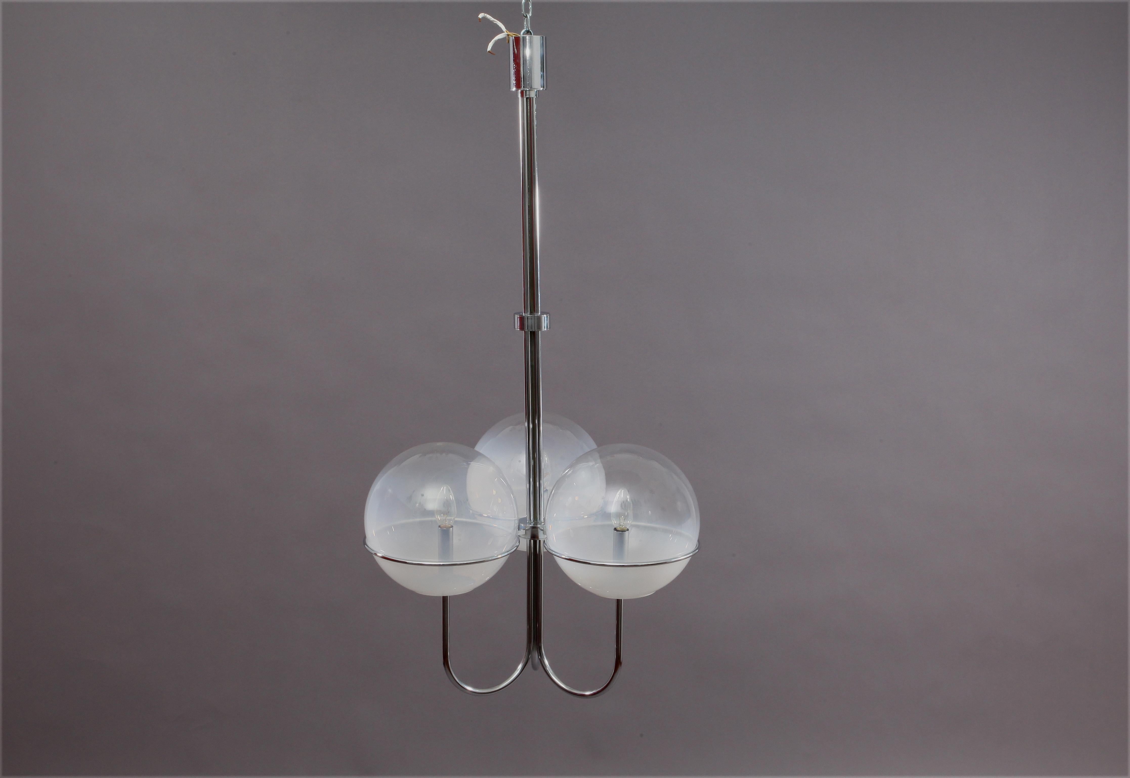 20th Century Chrome Chandelier with Opaline Glass Balls Mazzega Murano 1960 For Sale