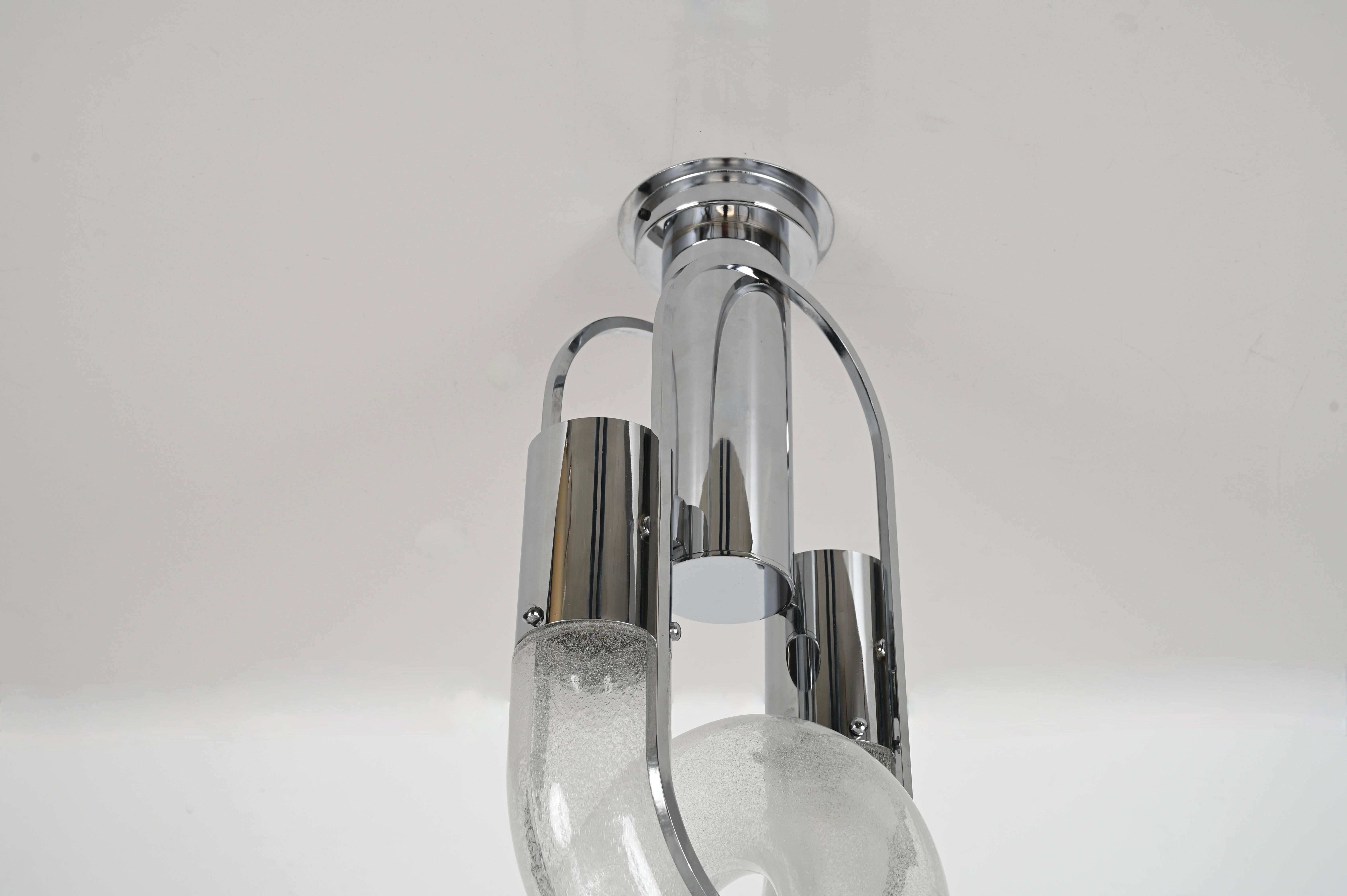 Brass Chrome Chandeliers Murano Pelugoso Glass by Aldo Nason for Mazzega, Italy 1970s For Sale