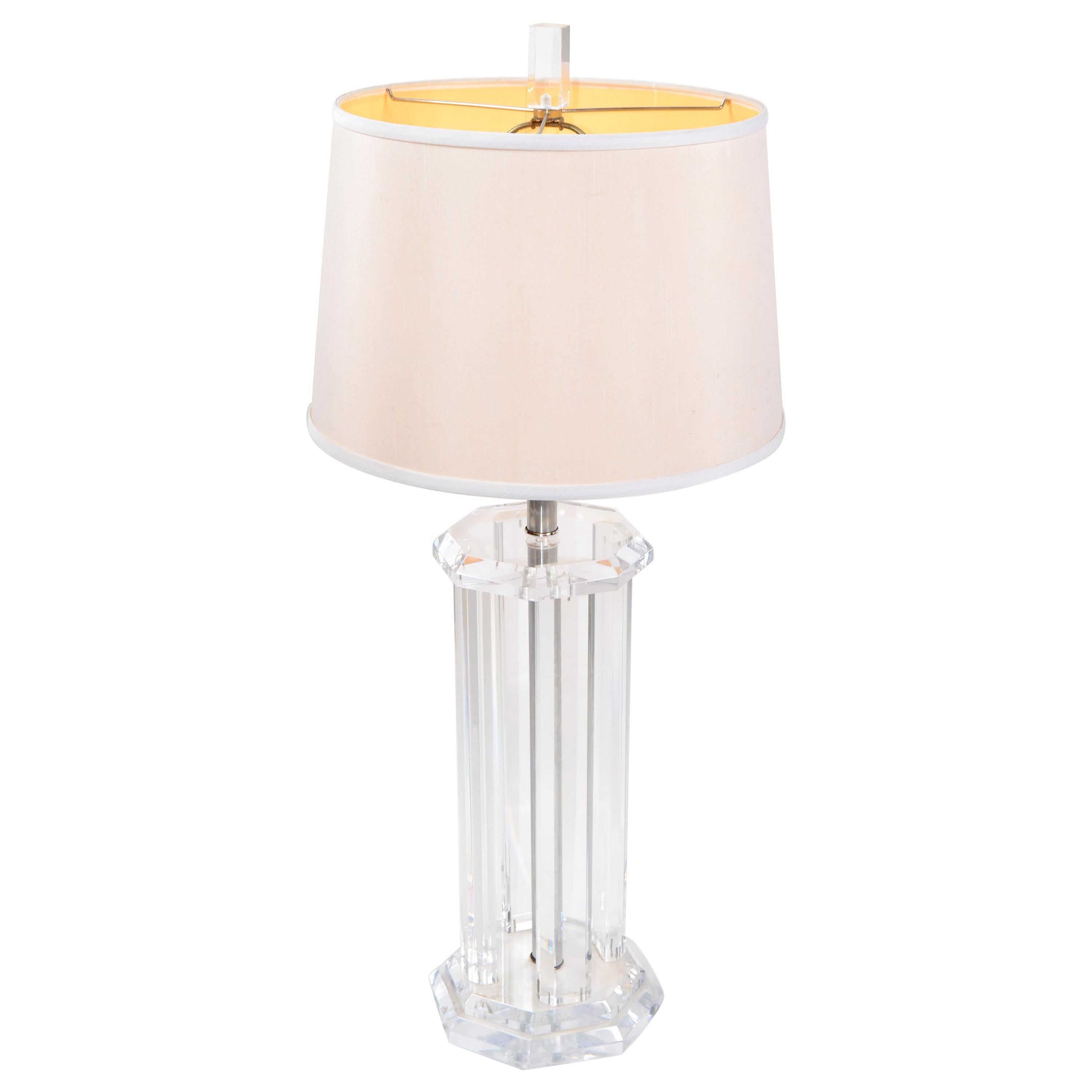 Chrome and Clear Lucite Mid-Century Modern Octagonal Table Lamp, 1970s For Sale