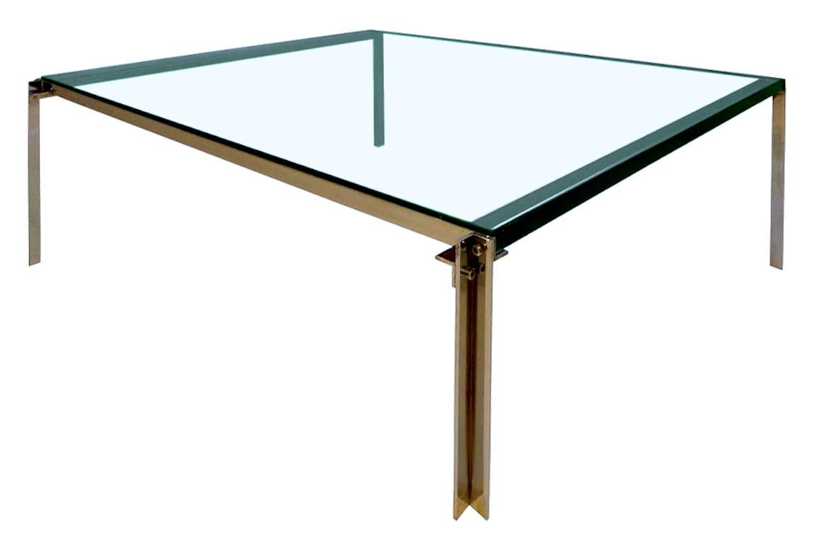Architects Ross Littell, Douglas Kelley and William Katavolos designed this sleek cocktail table for Laverne Originals in the mid-1950s. Thick glass and chrome-plated steel polished to a mirror finish.

We are offering this table with the original