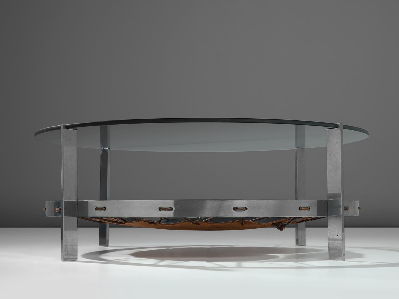 Mid-Century Modern Chrome Coffee Table with Glass Top and Spanned Leather